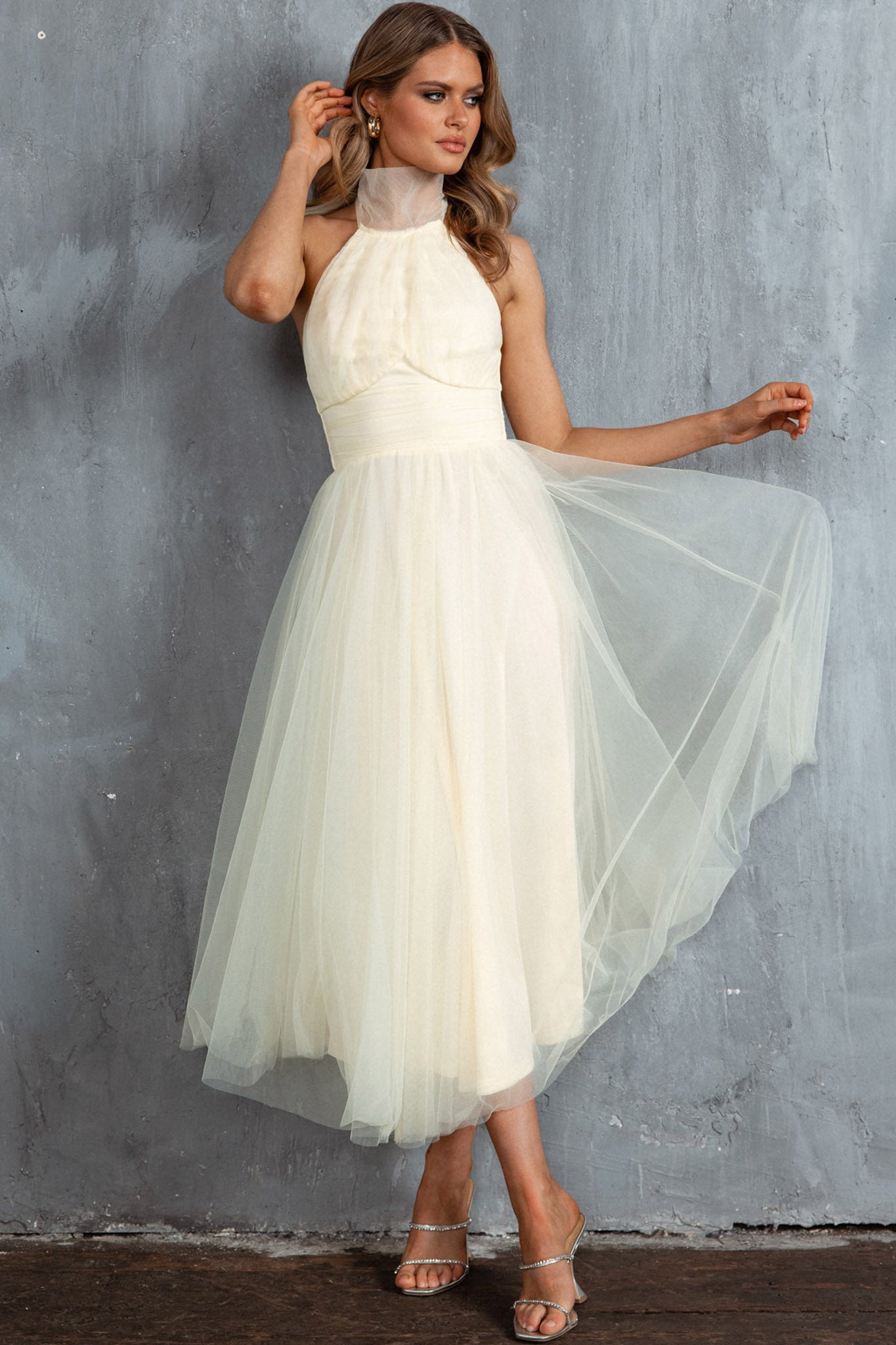 Andria Halterneck Tulle Midi Dress Butter by Selfie Leslie