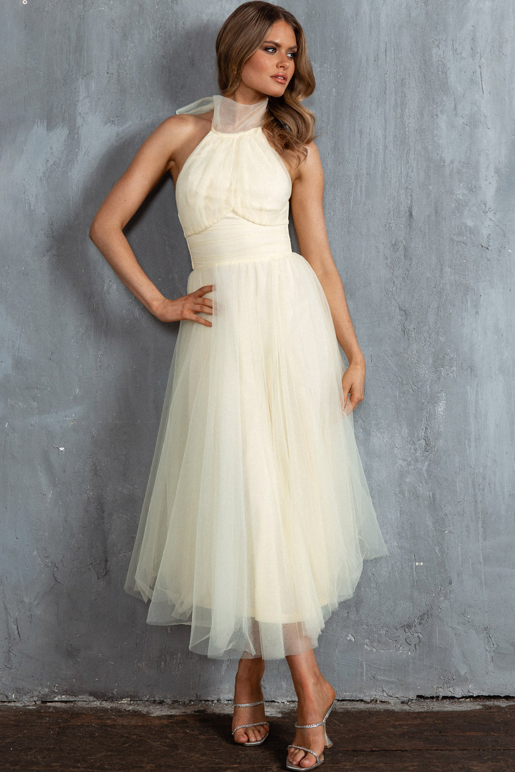 Andria Halterneck Tulle Midi Dress Butter by Selfie Leslie