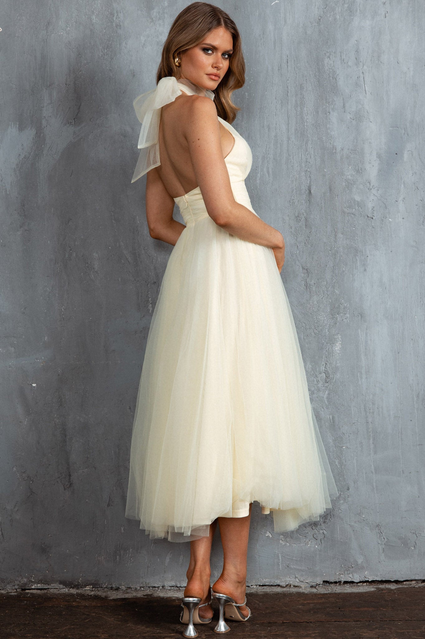 Andria Halterneck Tulle Midi Dress Butter by Selfie Leslie