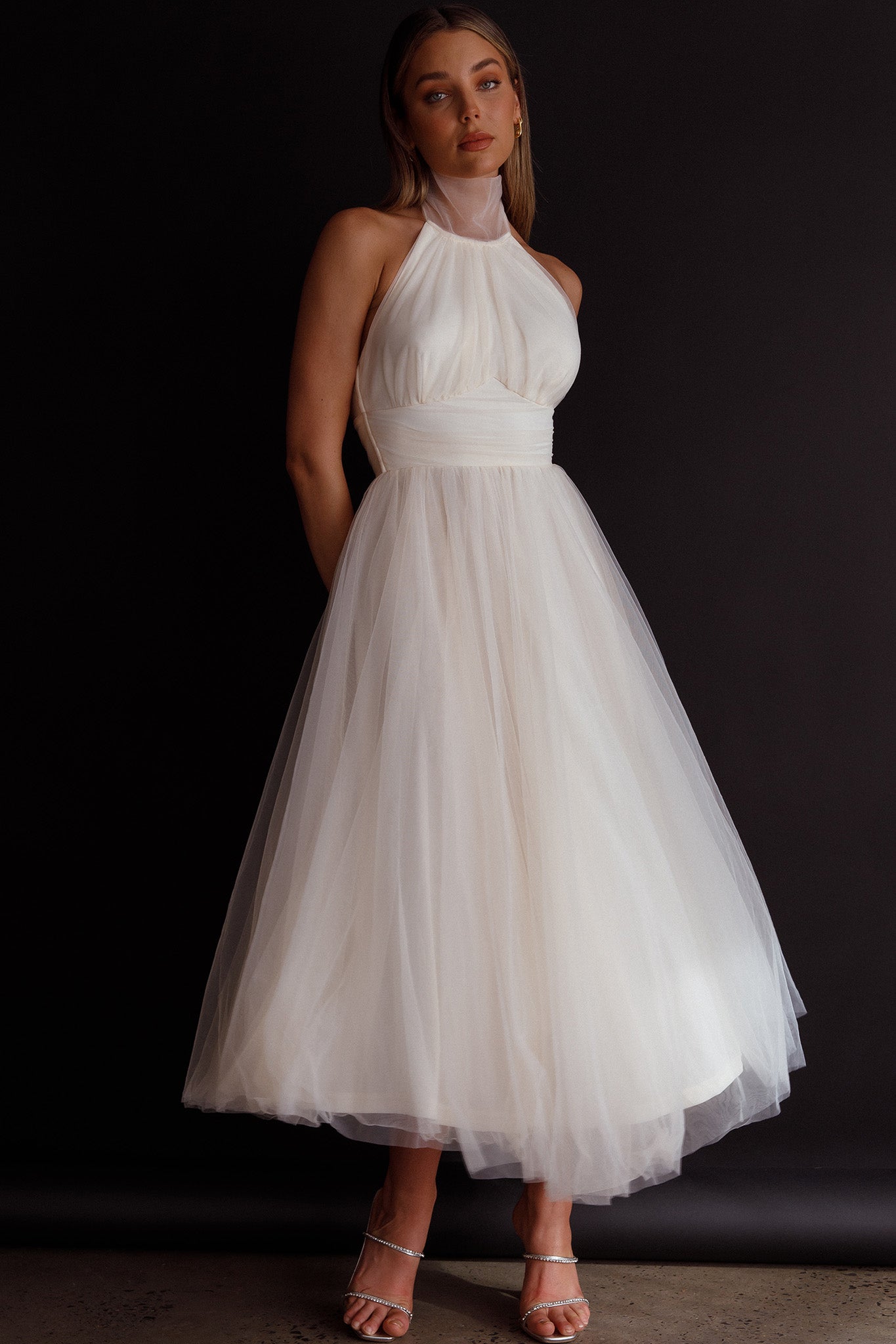 Andria Halterneck Tulle Midi Dress Ivory Andria Halterneck Tulle Midi Dress Ivory