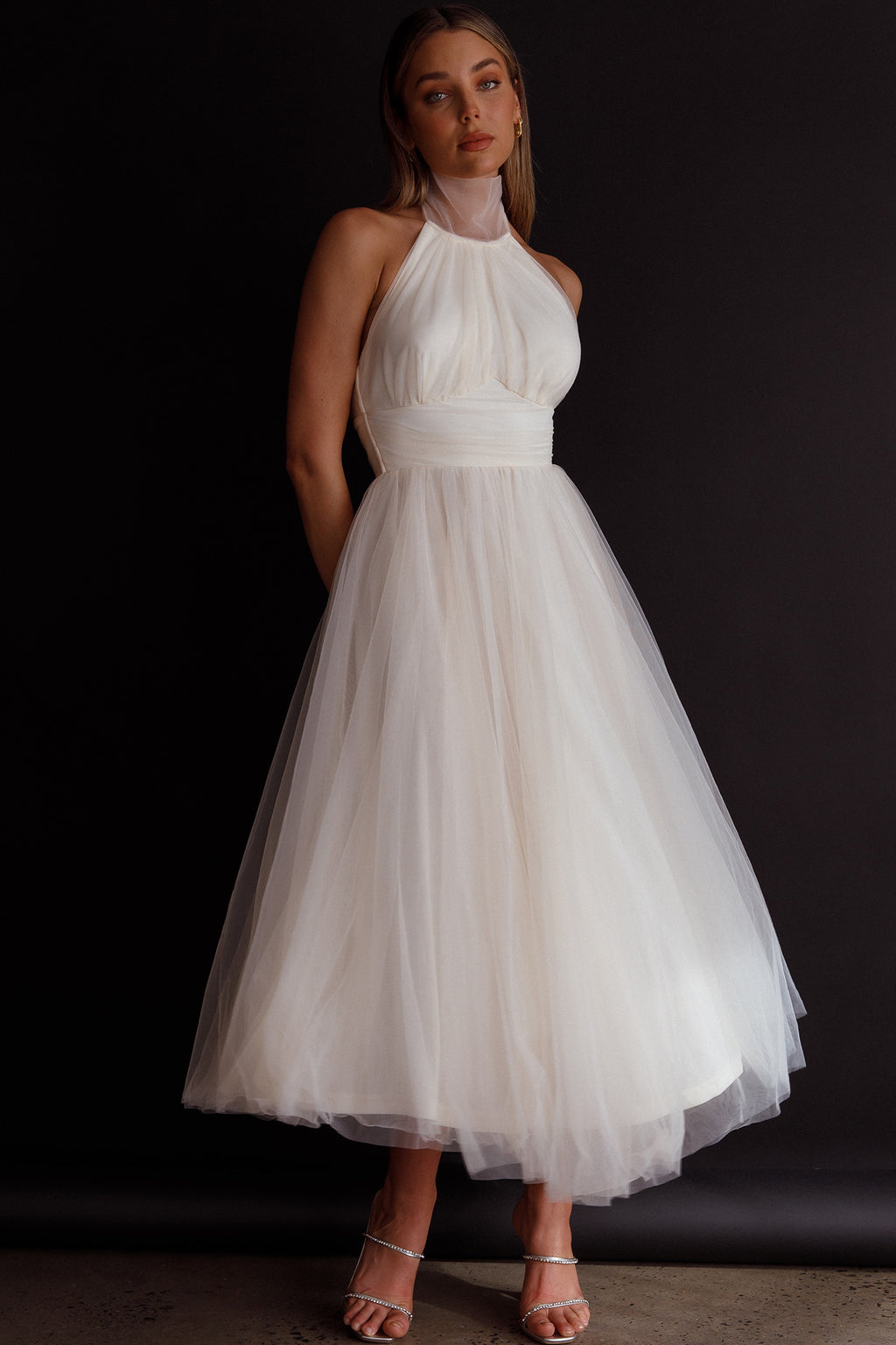 Andria Halterneck Tulle Midi Dress Ivory by Selfie Leslie