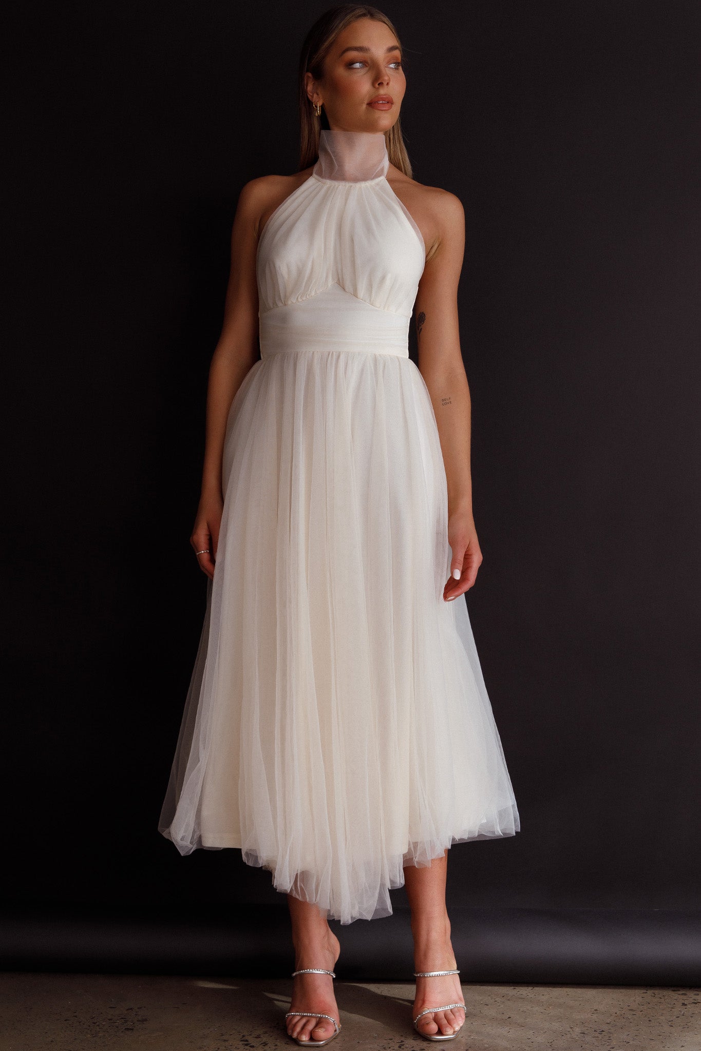 Andria Halterneck Tulle Midi Dress Ivory | Selfie Leslie