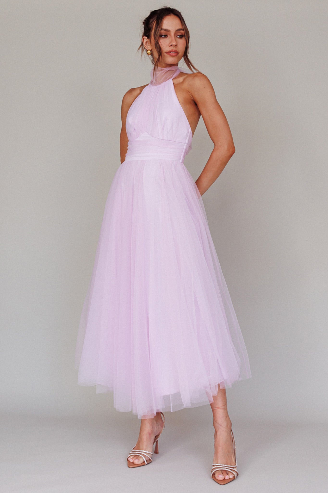 Andria Halterneck Tulle Midi Dress Light Lilac by Selfie Leslie
