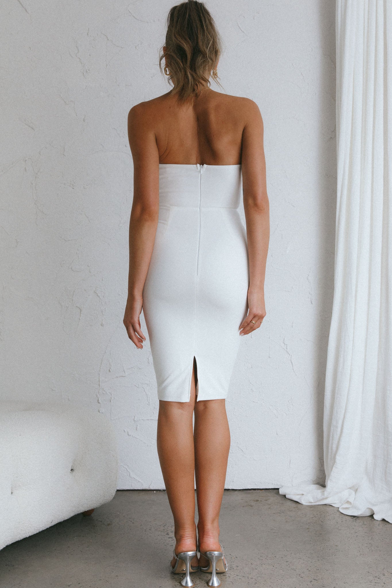 Pernille Strapless Ruched Knee Length Dress White Selfie Leslie Pernille Strapless Ruched Knee Length Dress White Selfie Leslie