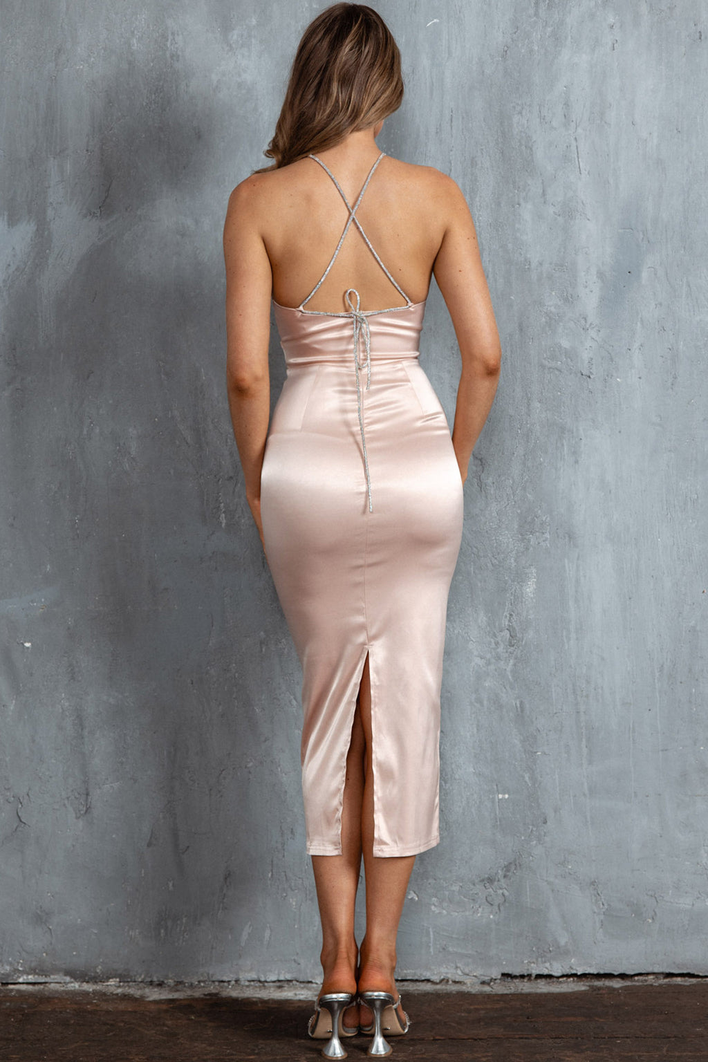 Slow Dance Diamante Strap Midi Dress Blush by Selfie Leslie