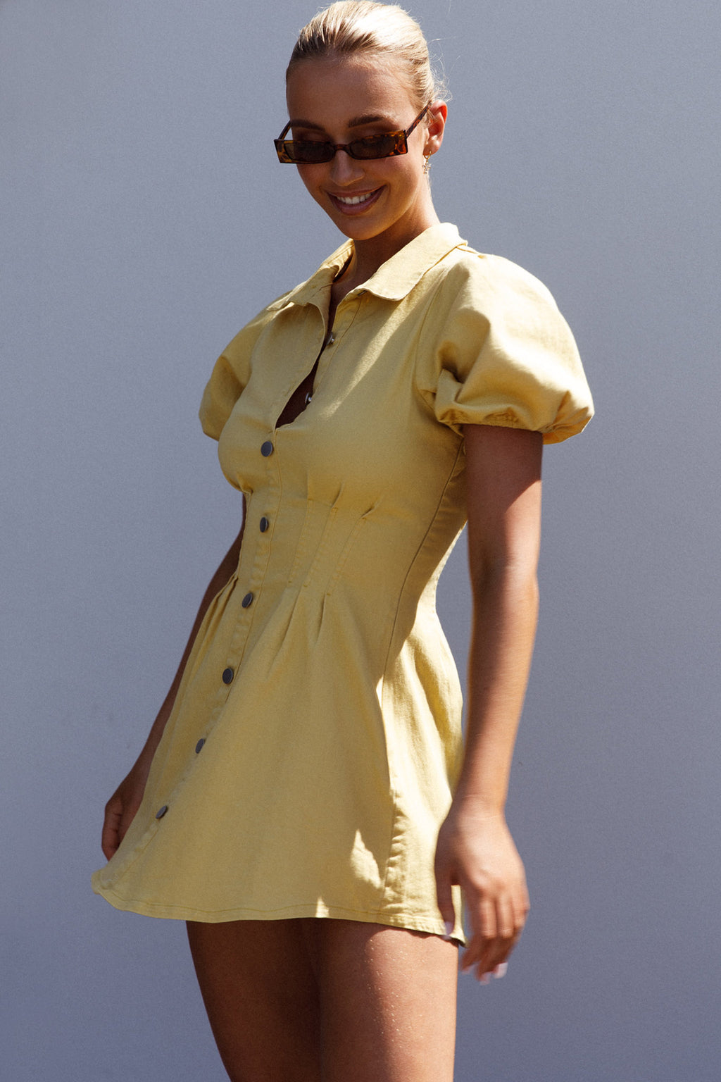 Zurich Pleated Waist Shirt Dress Light Yellow by Selfie Leslie