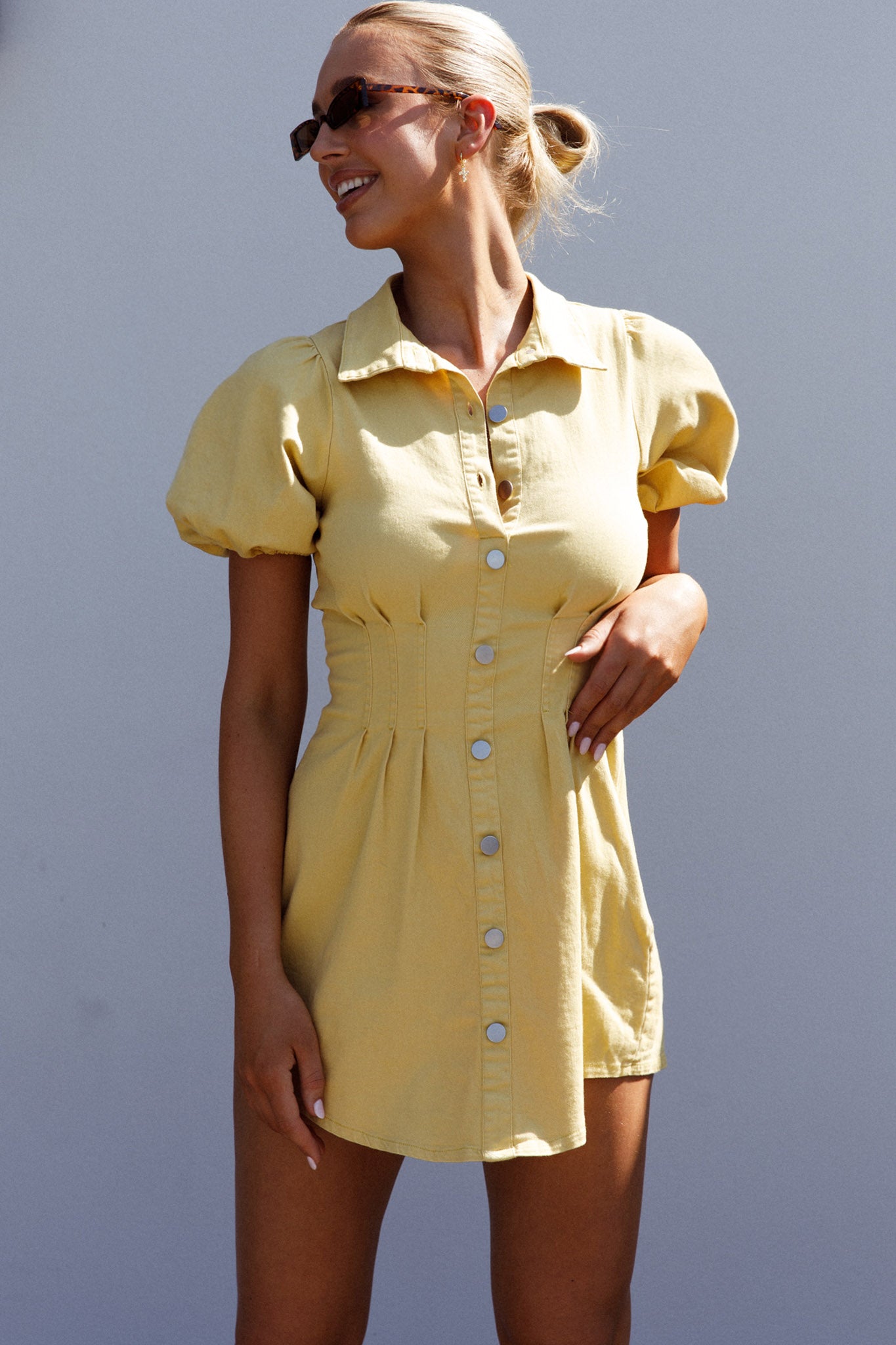 Zurich Pleated Waist Shirt Dress Light Yellow by Selfie Leslie