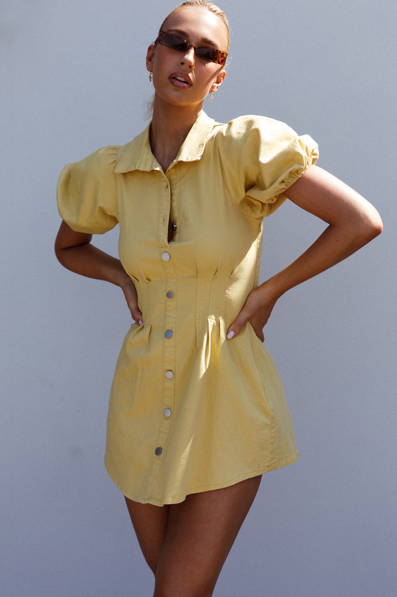 Zurich Pleated Waist Shirt Dress Light Yellow by Selfie Leslie