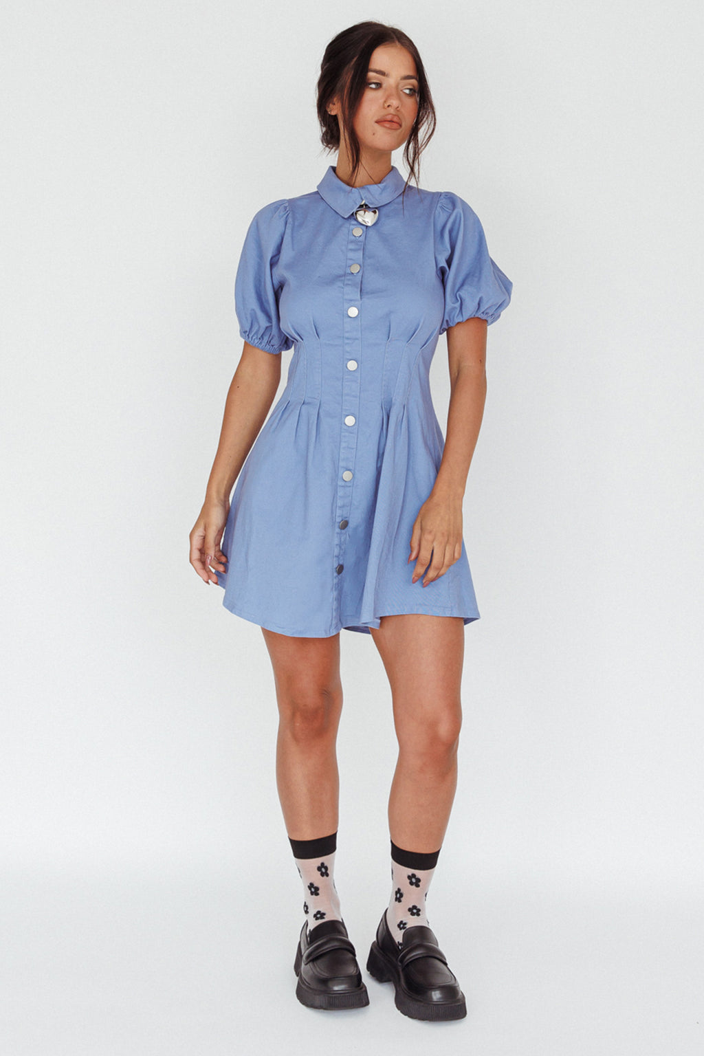 Zurich Pleated Waist Shirt Dress Blue by Selfie Leslie