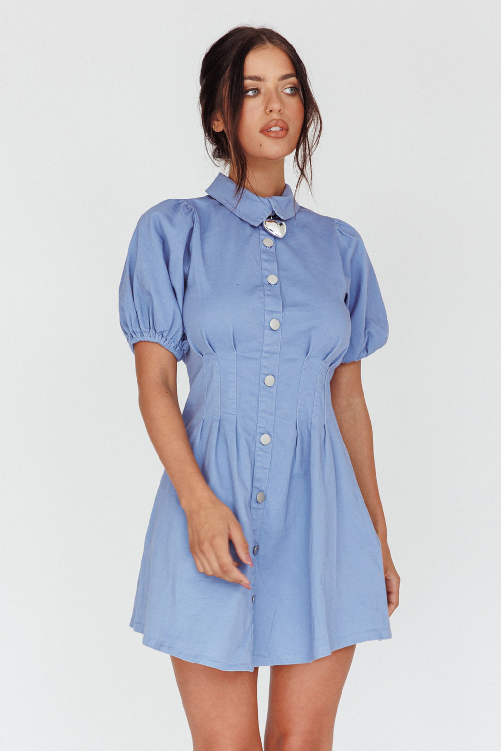 Zurich Pleated Waist Shirt Dress Blue by Selfie Leslie