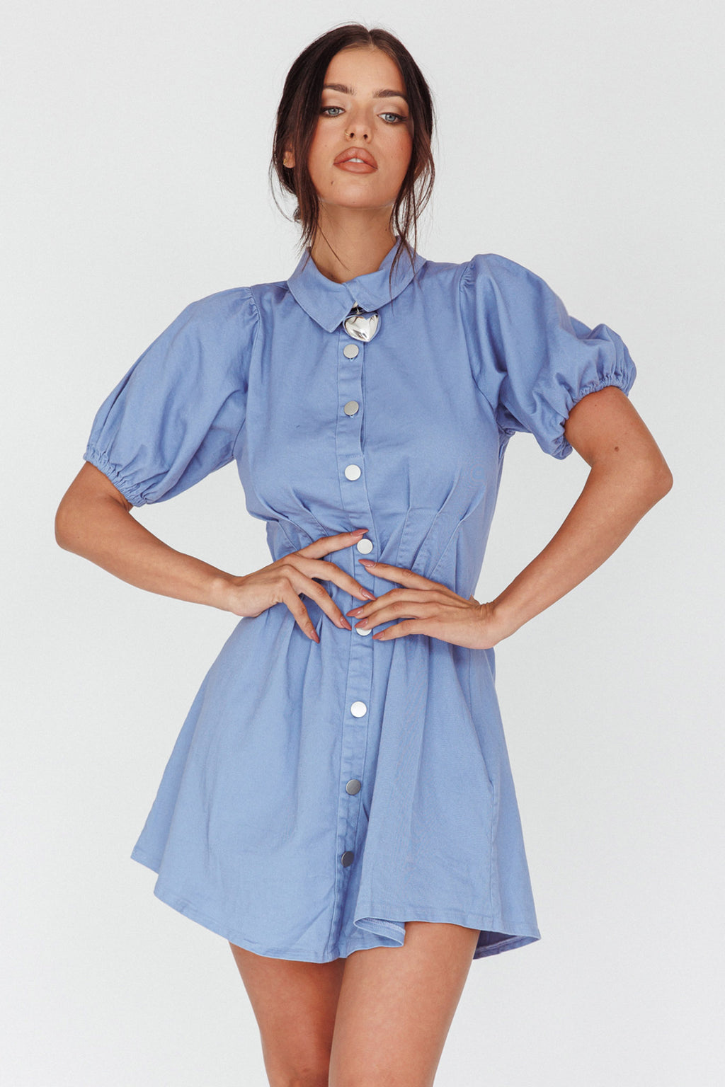 Zurich Pleated Waist Shirt Dress Blue by Selfie Leslie