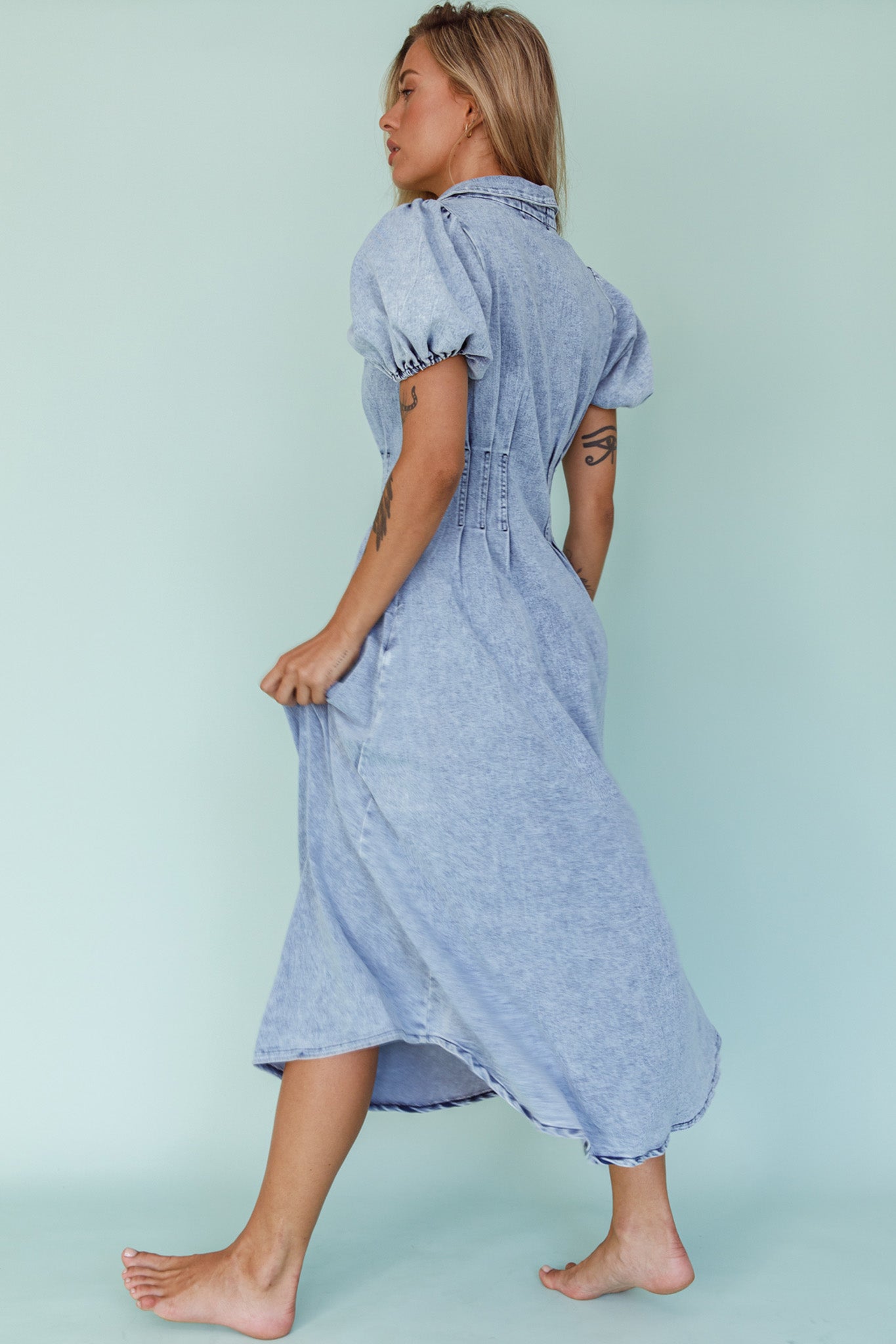 Zurich Pleated Waist Midi Dress Denim Blue Zurich Pleated Waist Midi Dress Denim Blue