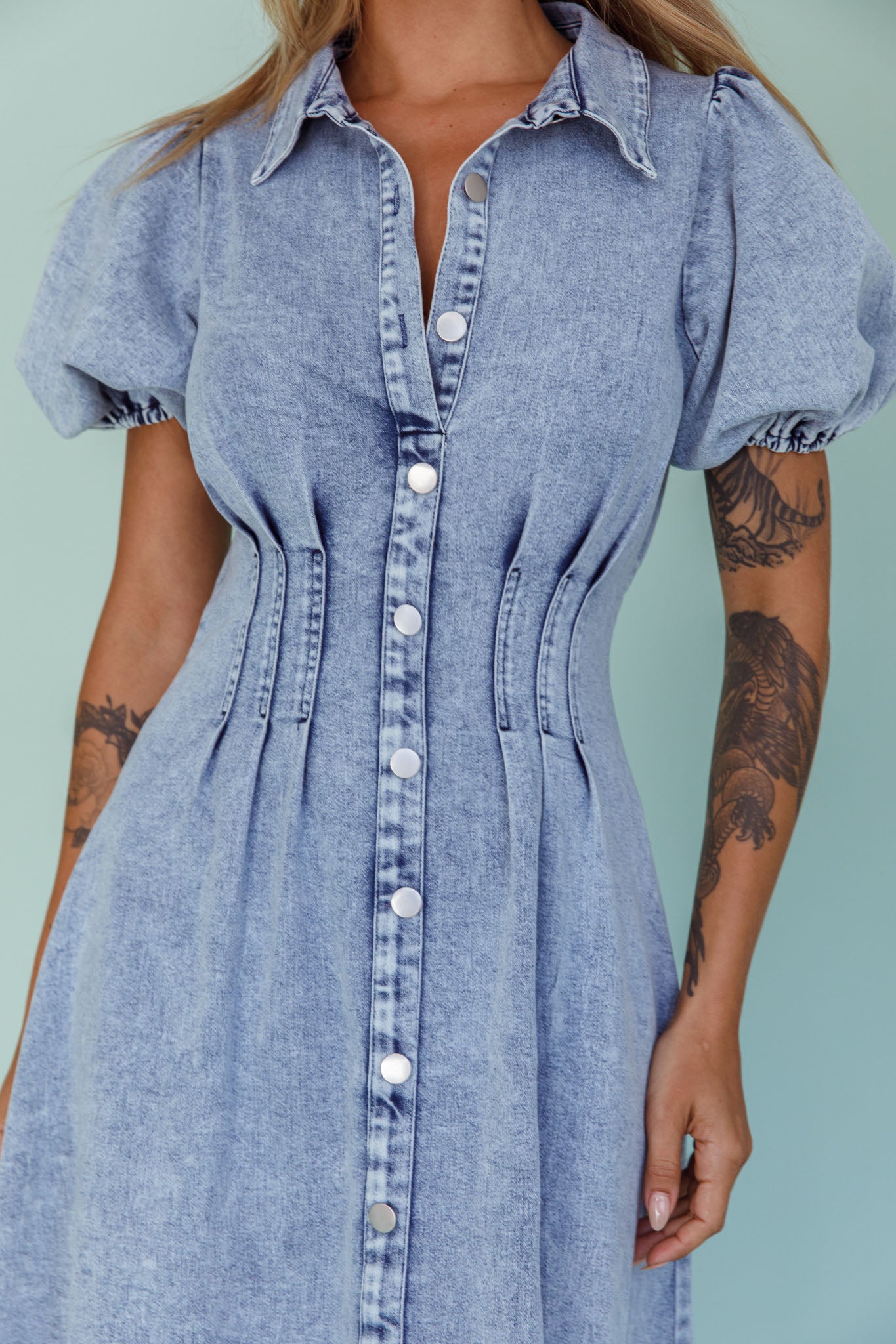 jina pleat waist midi dress Denim Pleat-Waist Midi Dress