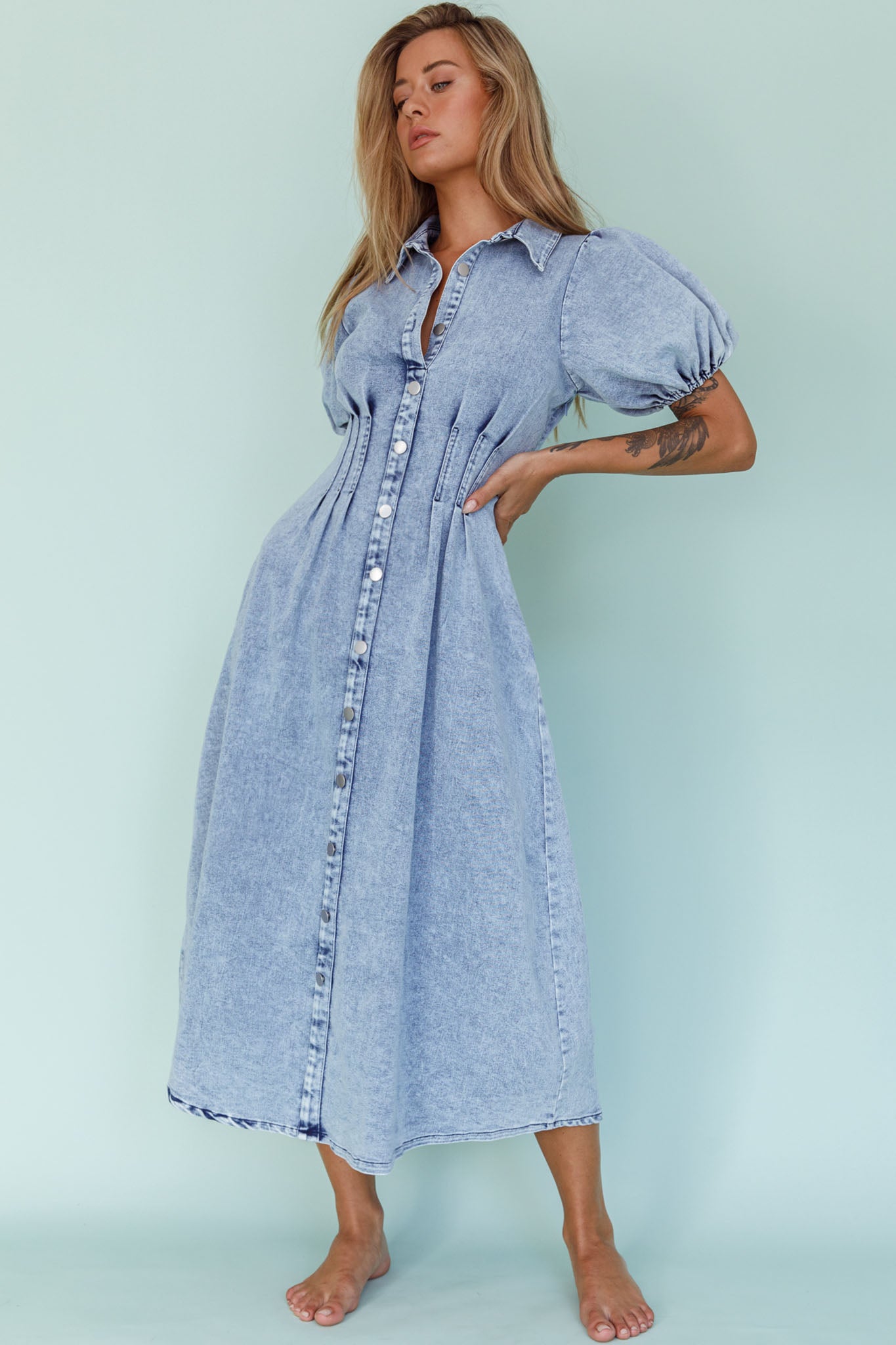 denim dress with pleats Pleated Denim Mini Dress self-portrait-US