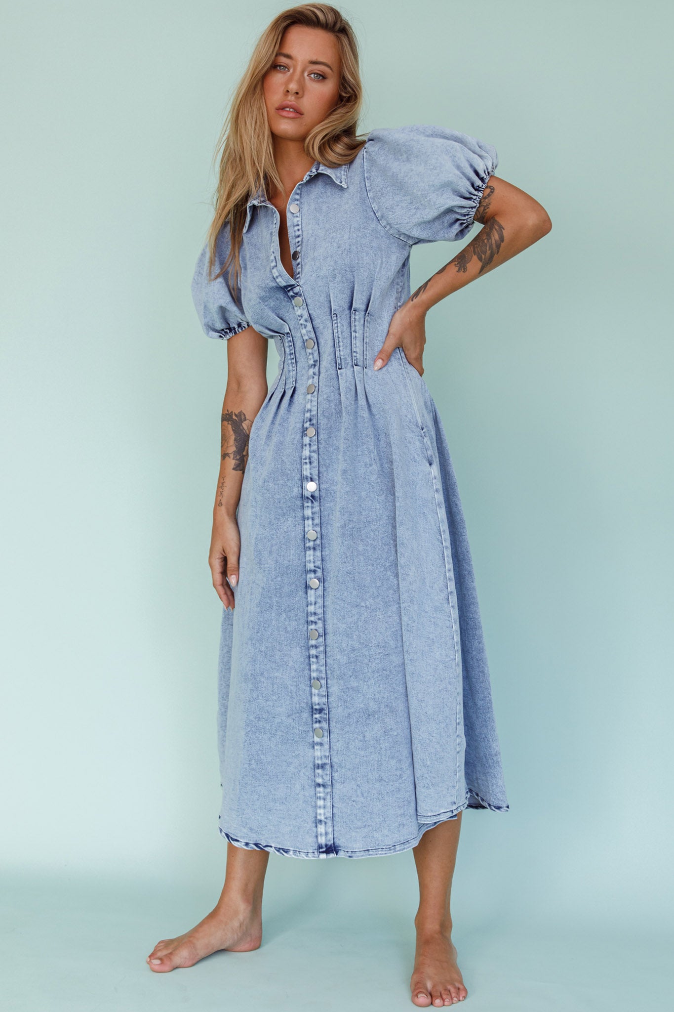 Zurich Pleated Waist Midi Dress Denim Blue Zurich Pleated Waist Midi Dress Denim Blue