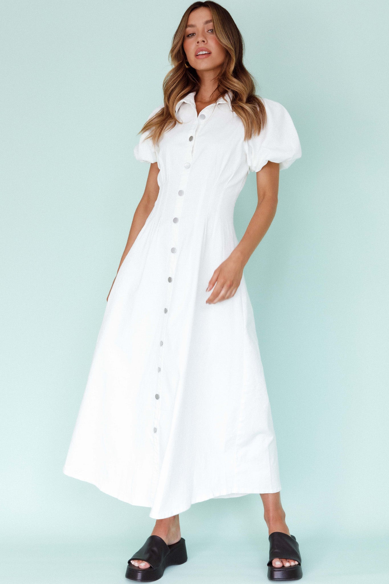 Zurich Pleated Waist Midi Dress White by Selfie Leslie
