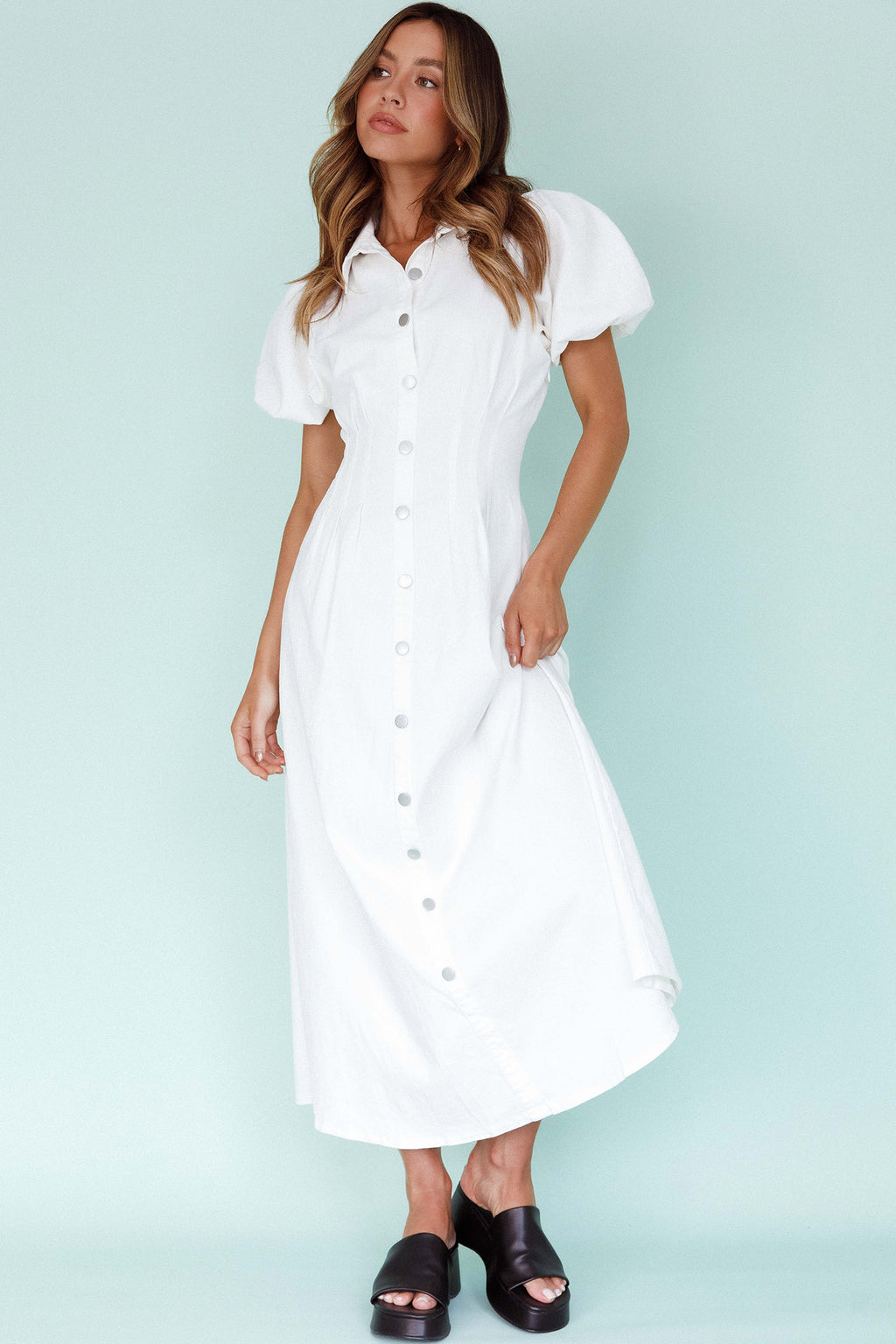 Zurich Pleated Waist Midi Dress White by Selfie Leslie