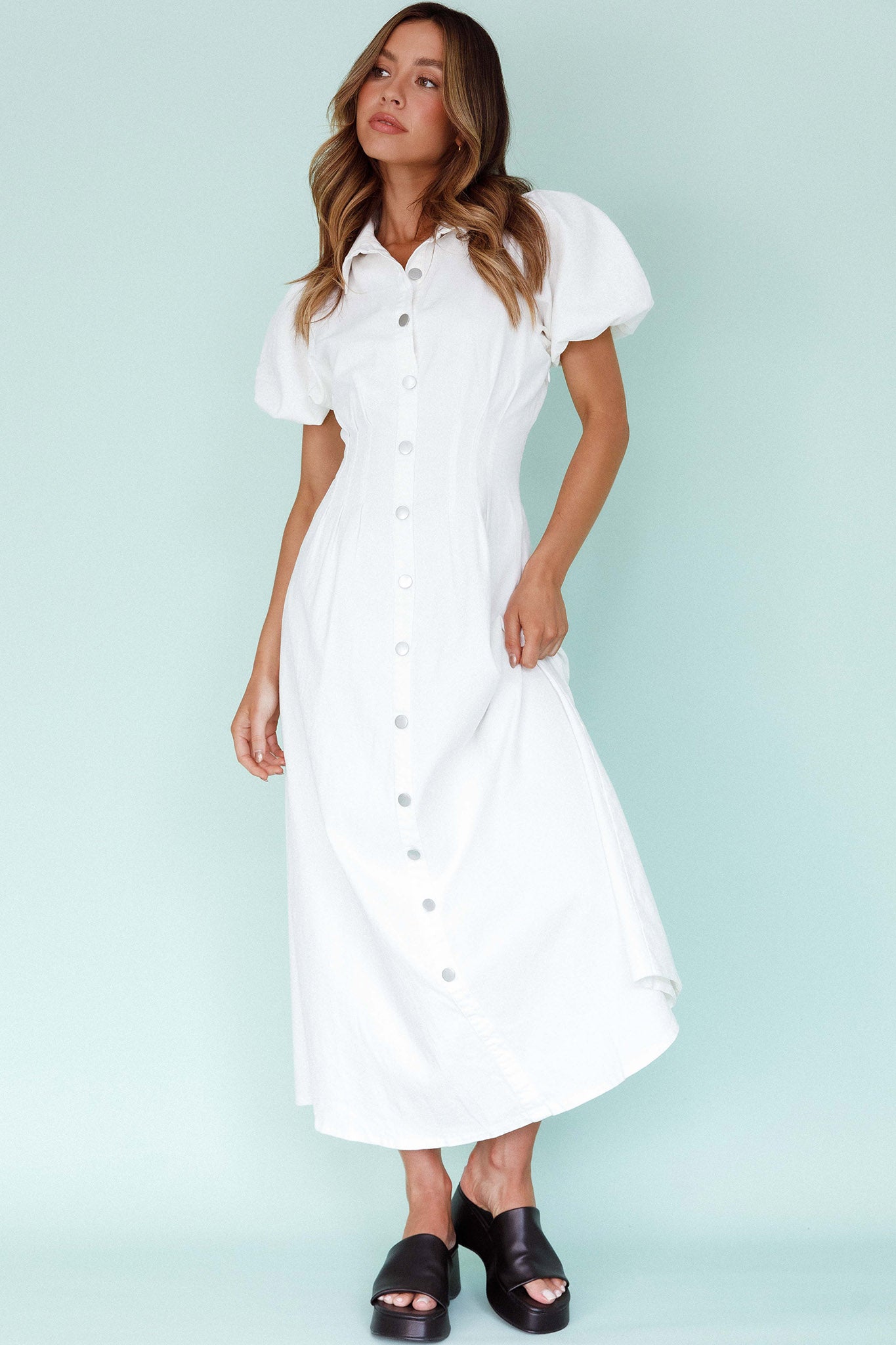 Zurich Pleated Waist Midi Dress White by Selfie Leslie