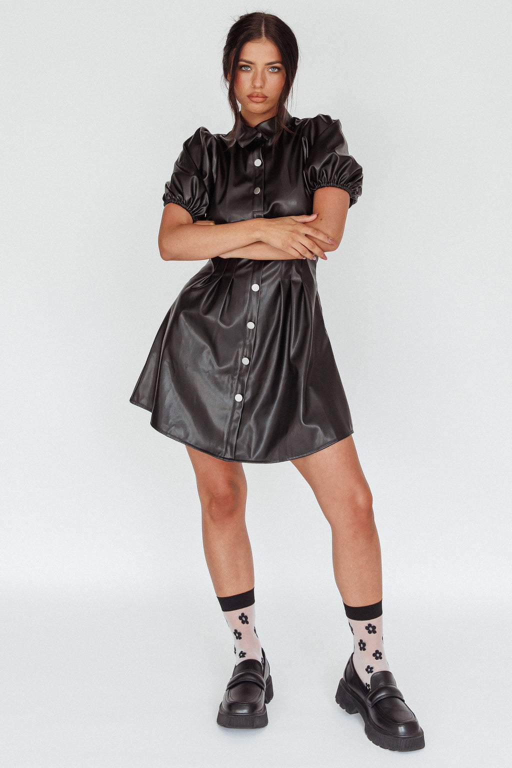 Zurich Pleated Waist Shirt Dress Faux Leather Black by Selfie Leslie