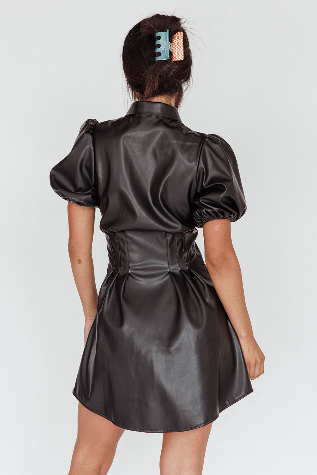 Zurich Pleated Waist Shirt Dress Faux Leather Black Selfie Leslie Zurich Pleated Waist Shirt Dress Faux Leather Black Selfie Leslie