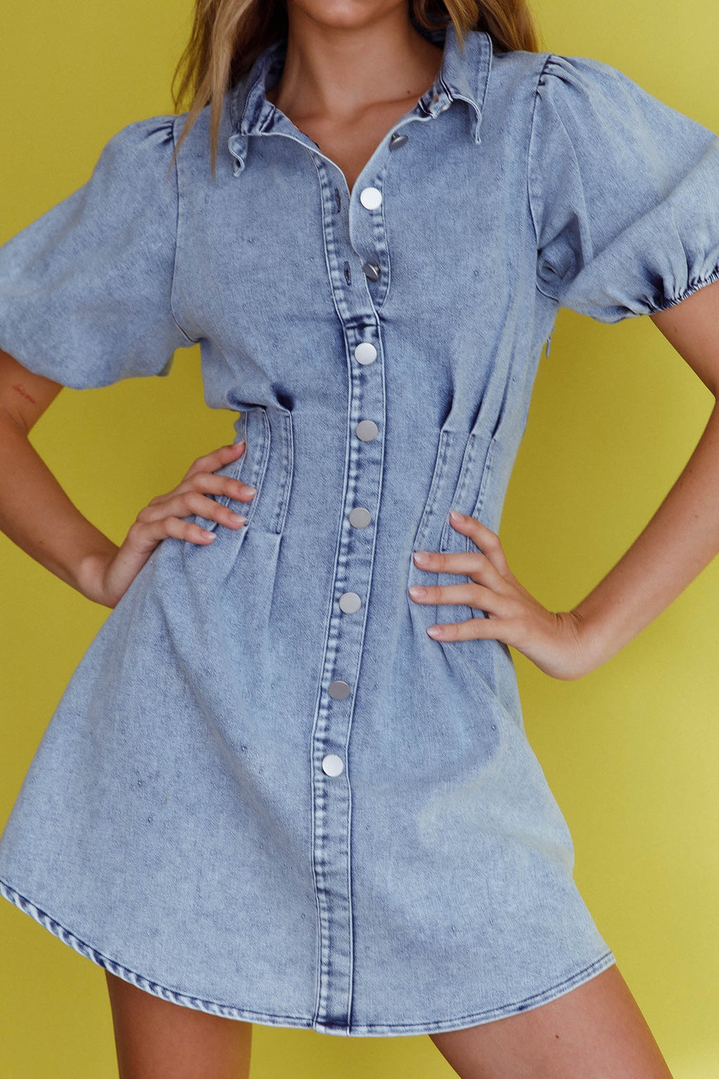 Zurich Pleated Waist Shirt Dress Washed Blue by Selfie Leslie
