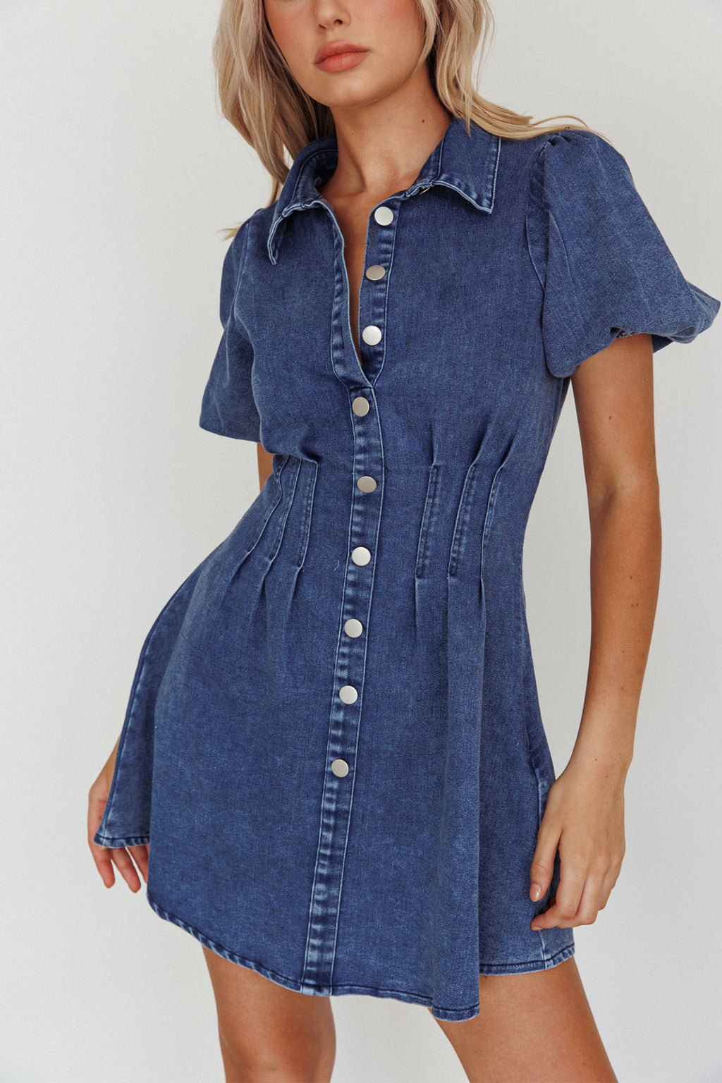 Zurich Pleated Waist Shirt Dress Dark Blue by Selfie Leslie