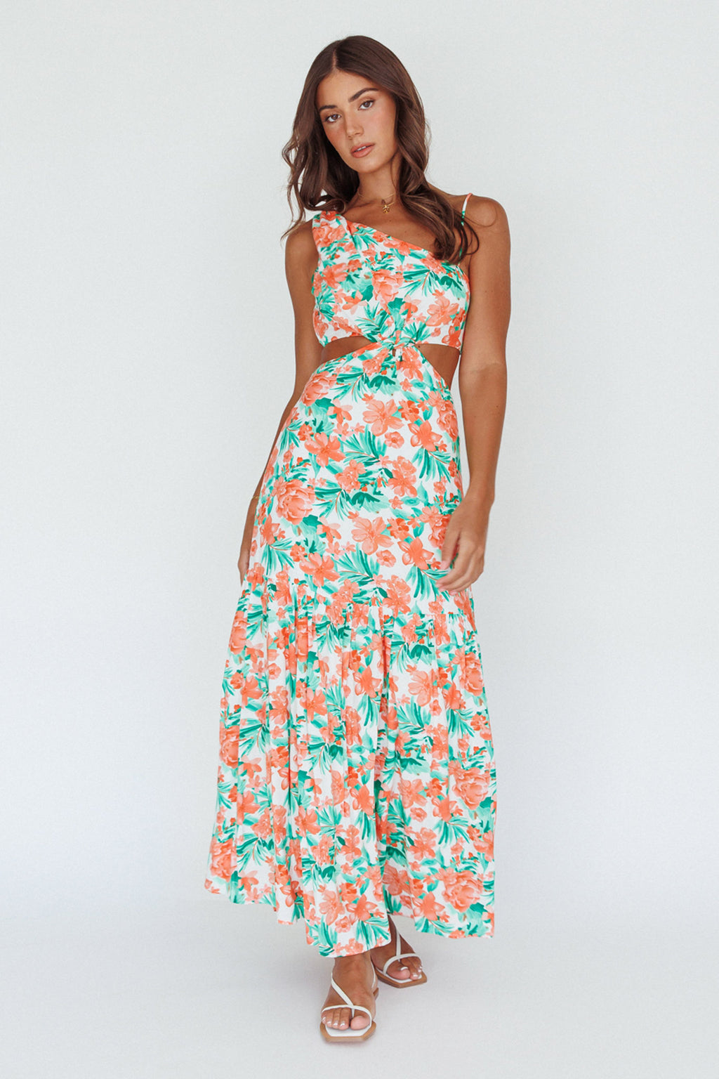 Evening Breeze Cut-Out Waist Maxi Dress Floral Orange by Selfie Leslie
