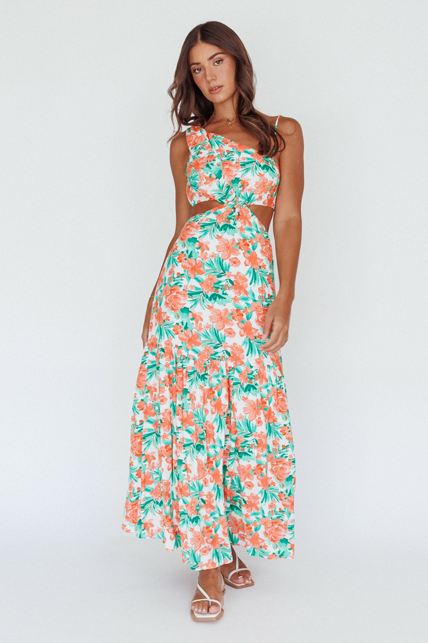 Evening Breeze Cut-Out Waist Maxi Dress Floral Orange by Selfie Leslie