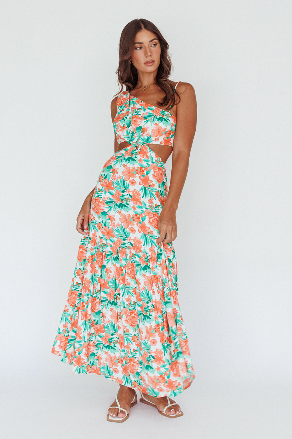 Evening Breeze Cut-Out Waist Maxi Dress Floral Orange by Selfie Leslie