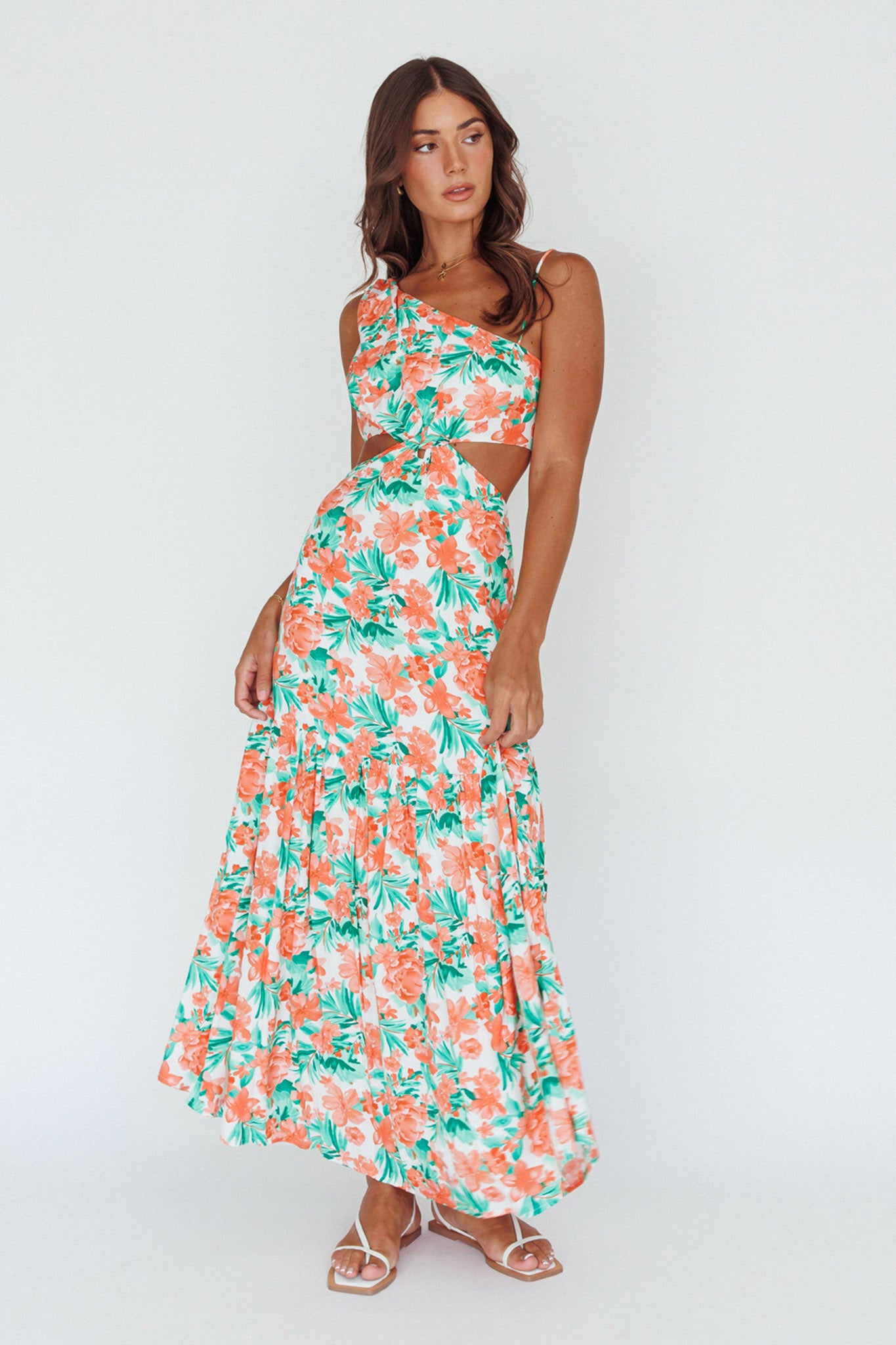Evening Breeze Cut-Out Waist Maxi Dress Floral Orange by Selfie Leslie