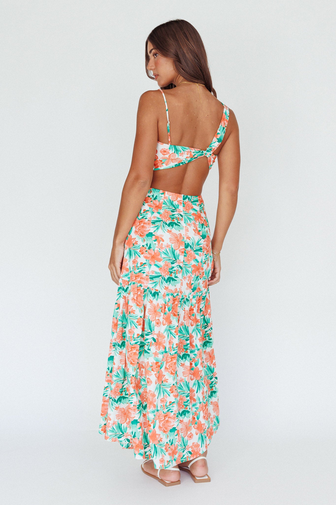 Evening Breeze Cut-Out Waist Maxi Dress Floral Orange by Selfie Leslie