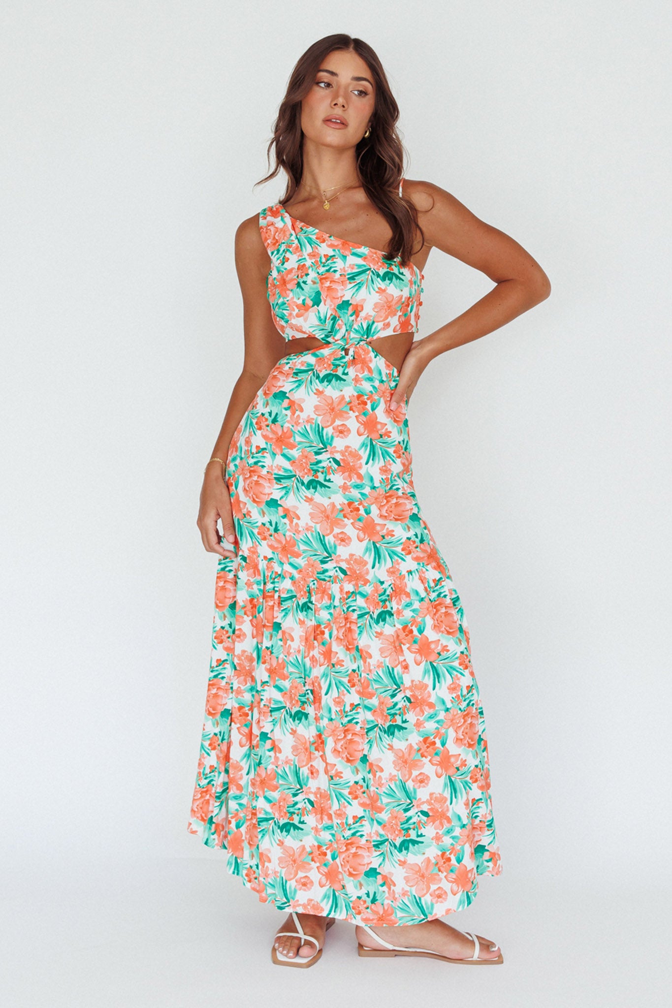 Evening Breeze Cut-Out Waist Maxi Dress Floral Orange by Selfie Leslie