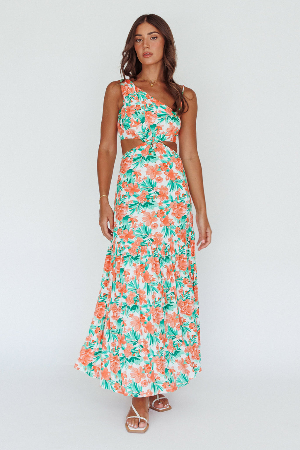 Evening Breeze Cut-Out Waist Maxi Dress Floral Orange by Selfie Leslie