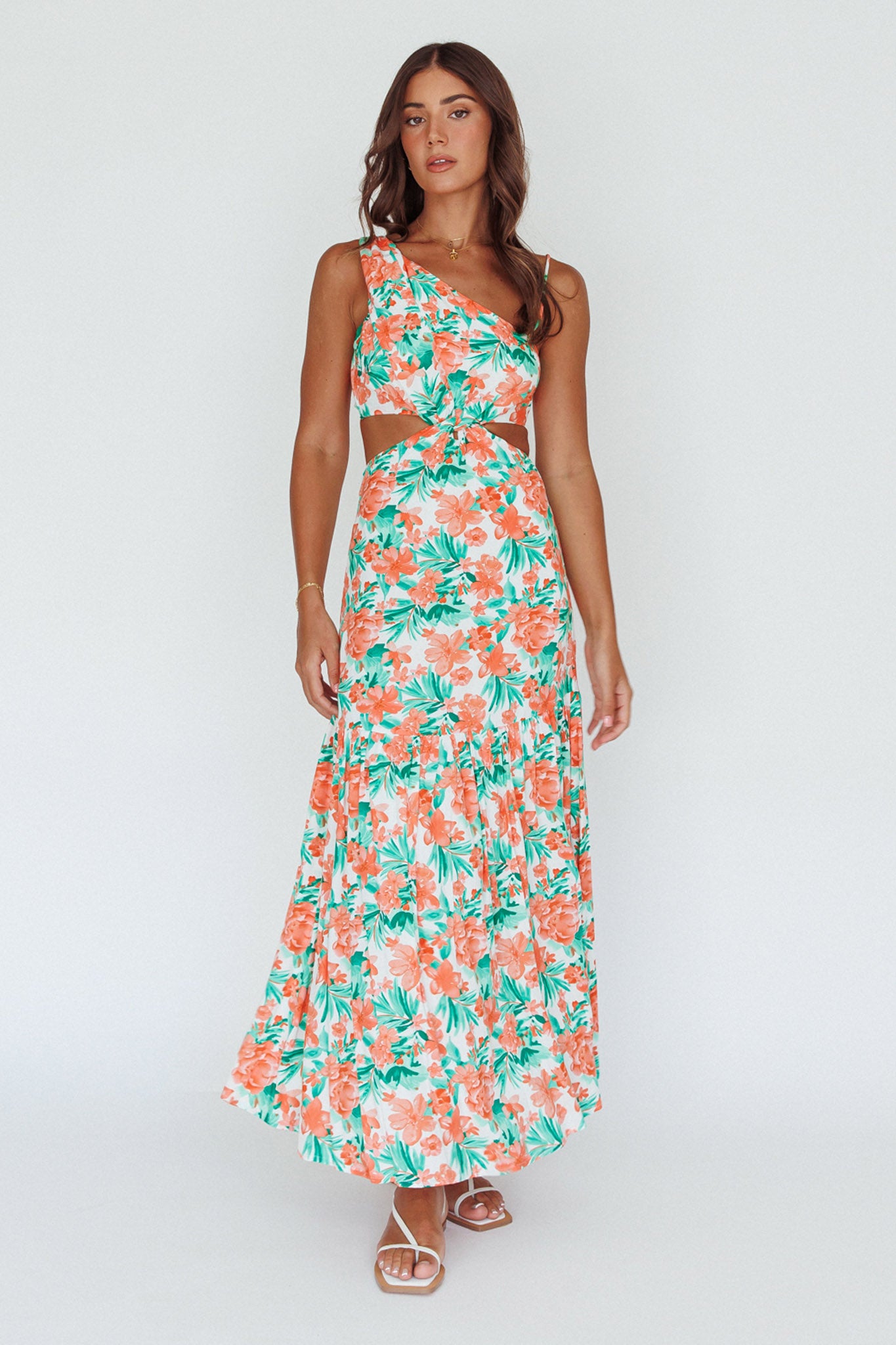 Evening Breeze Cut-Out Waist Maxi Dress Floral Orange by Selfie Leslie