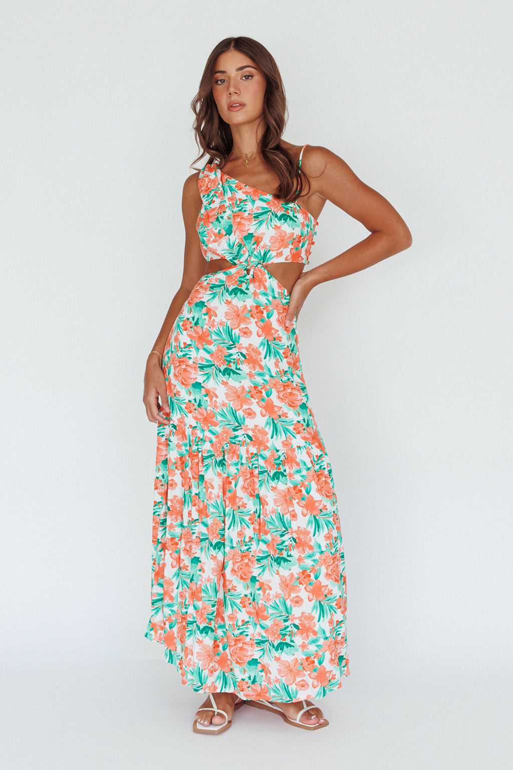 Evening Breeze Cut-Out Waist Maxi Dress Floral Orange by Selfie Leslie