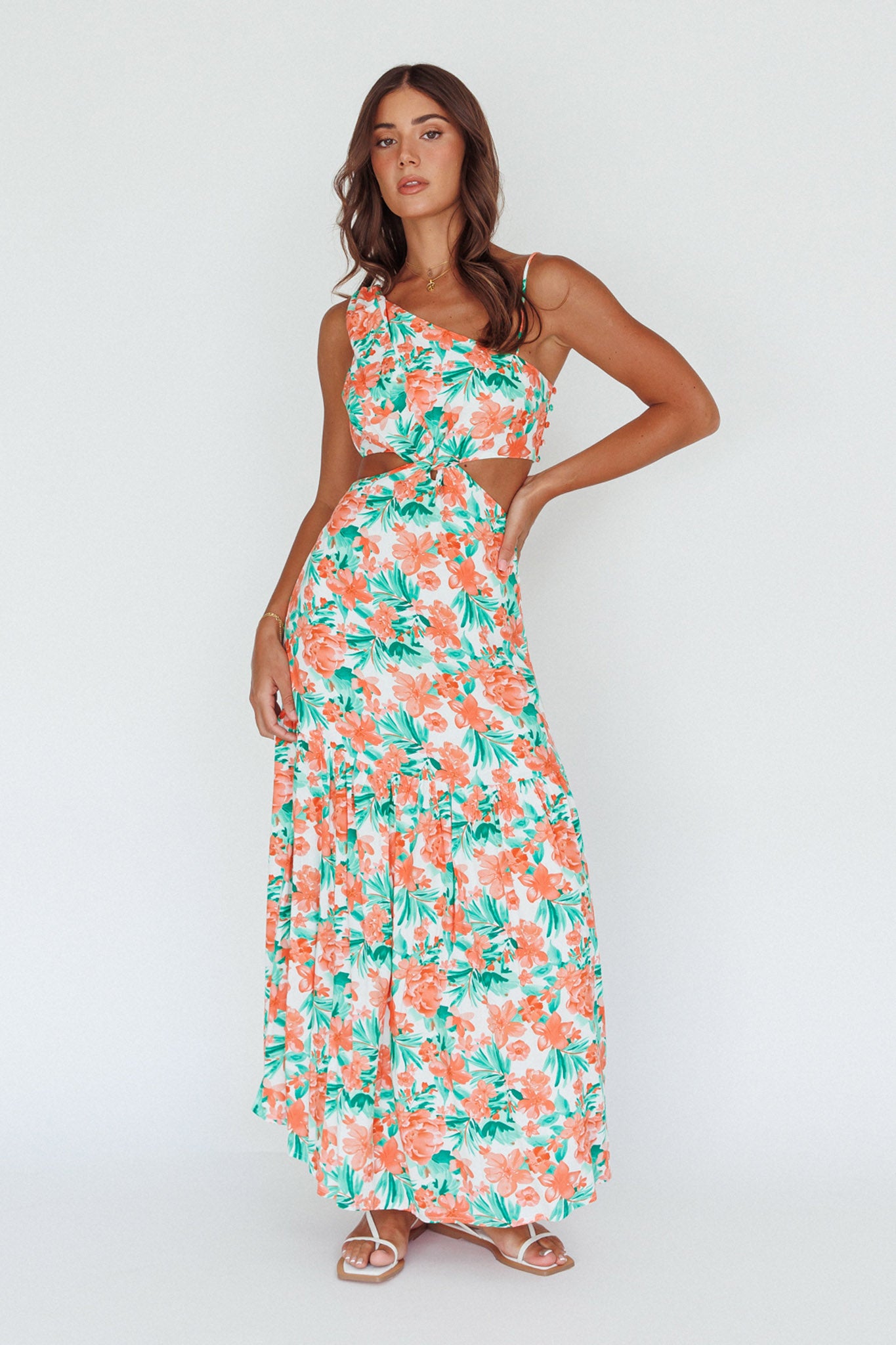 Evening Breeze Cut-Out Waist Maxi Dress Floral Orange by Selfie Leslie