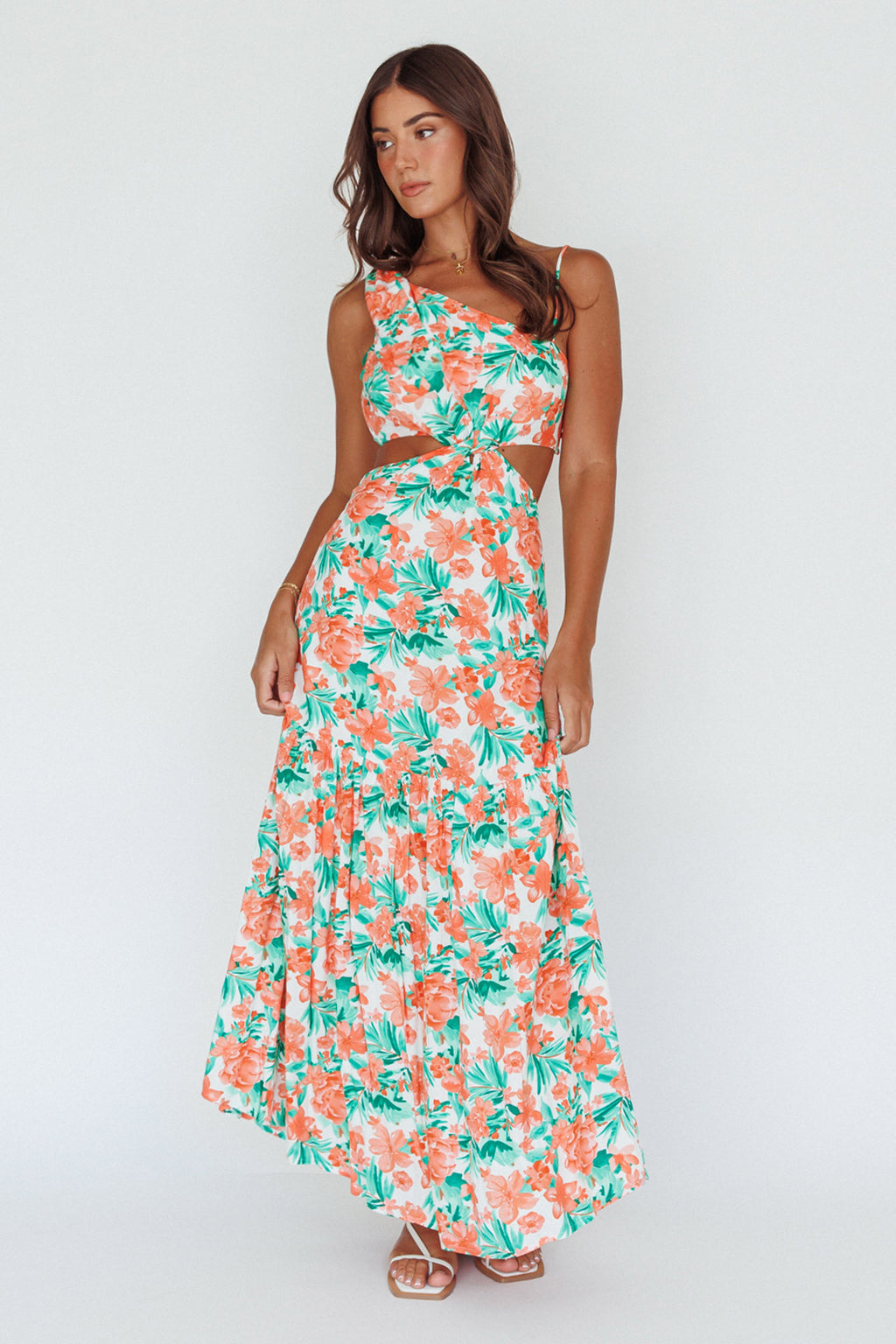Evening Breeze Cut-Out Waist Maxi Dress Floral Orange by Selfie Leslie