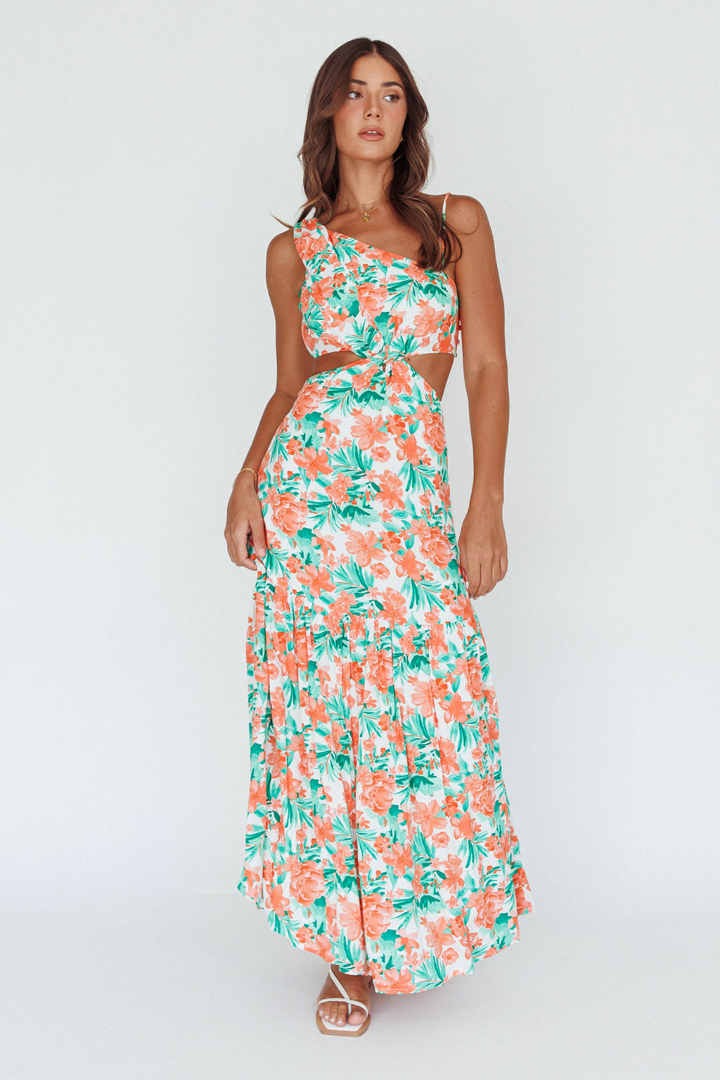 Evening Breeze Cut-Out Waist Maxi Dress Floral Orange by Selfie Leslie