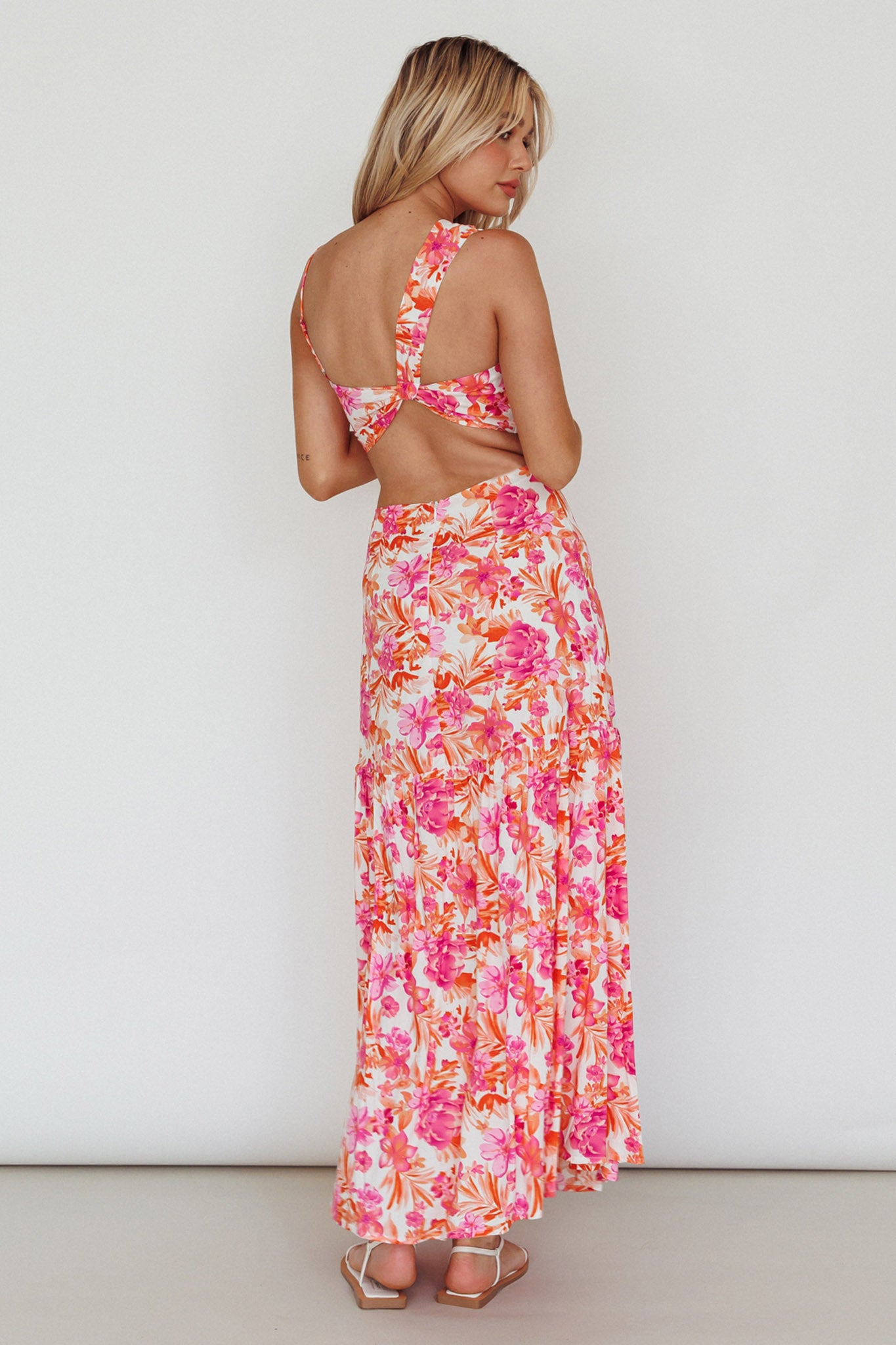 pink floral cut out maxi dress Cutout Frilly Maxi Dress