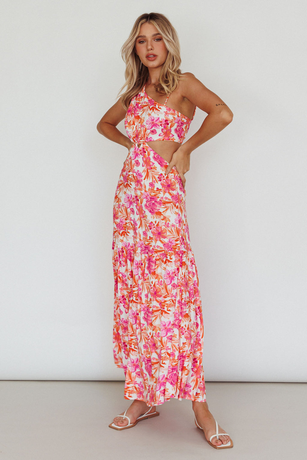 Evening Breeze Cut-Out Waist Maxi Dress Floral Pink by Selfie Leslie