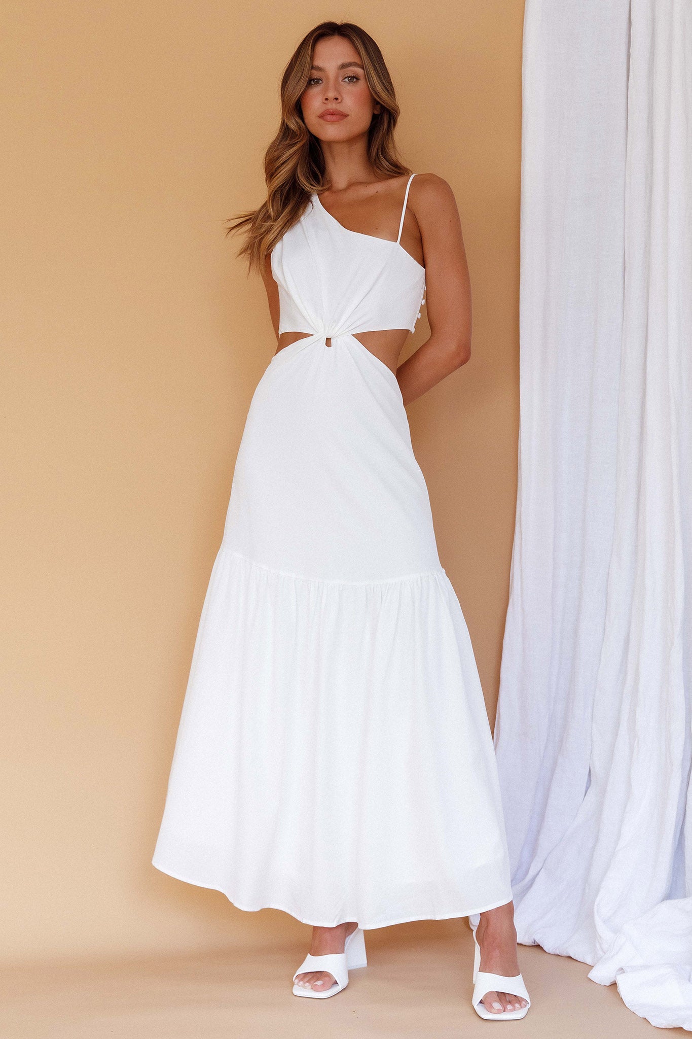 Evening Breeze Cut-Out Waist Maxi Dress White by Selfie Leslie