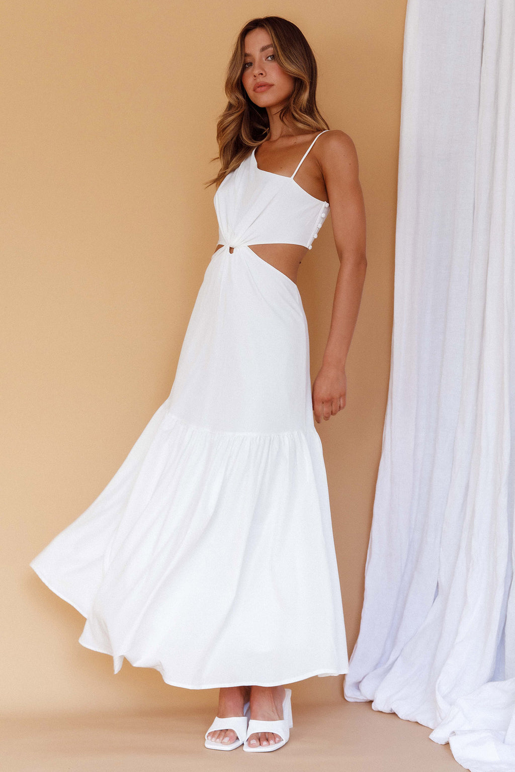 Evening Breeze Cut-Out Waist Maxi Dress White by Selfie Leslie