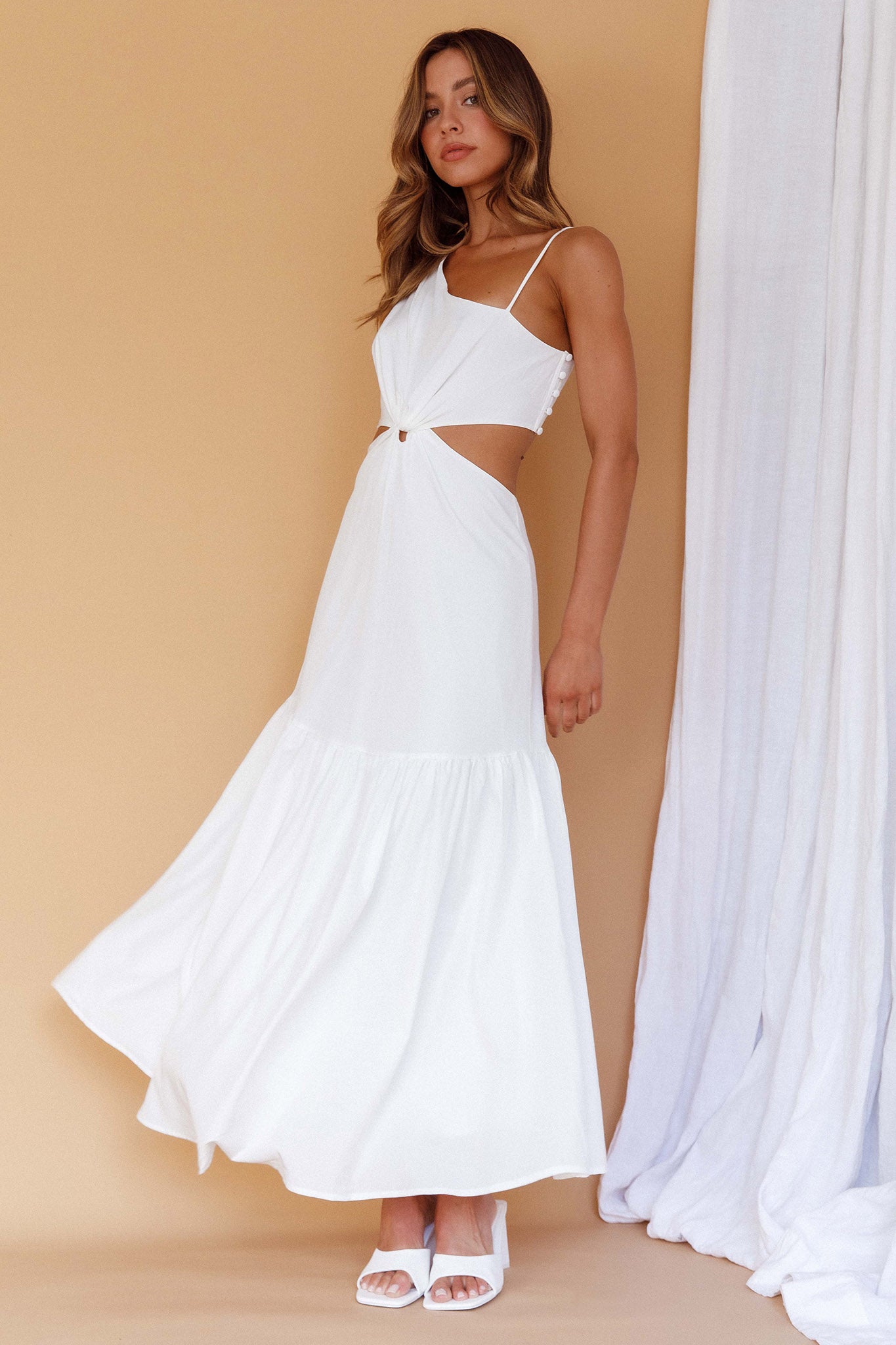 Evening Breeze Cut-Out Waist Maxi Dress White by Selfie Leslie