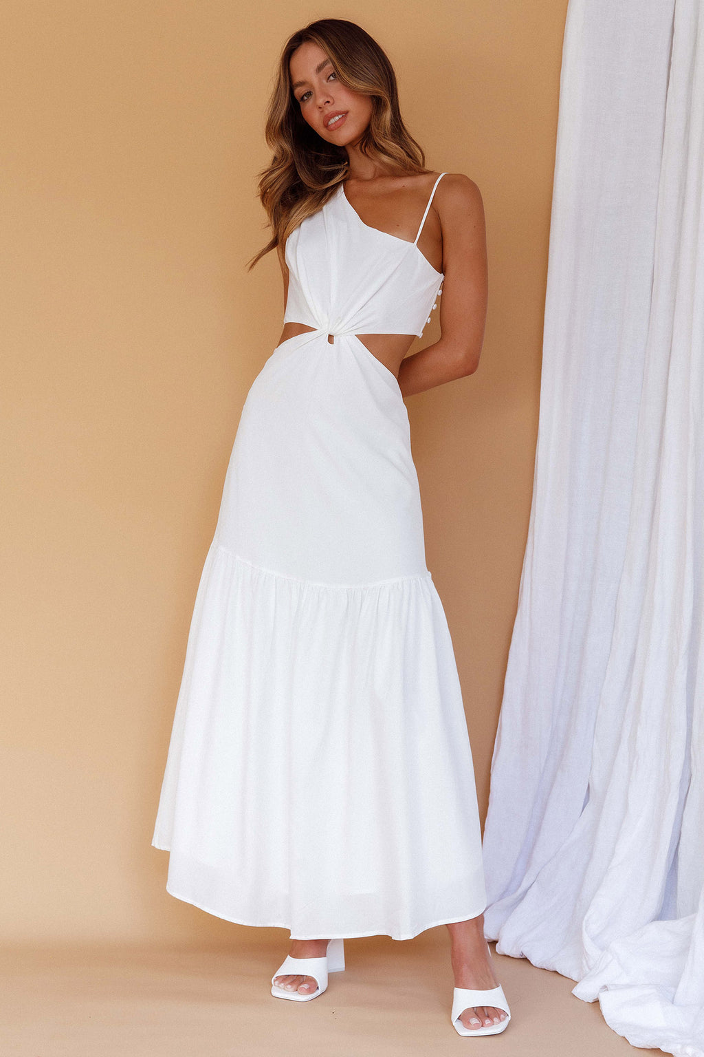 Evening Breeze Cut-Out Waist Maxi Dress White by Selfie Leslie