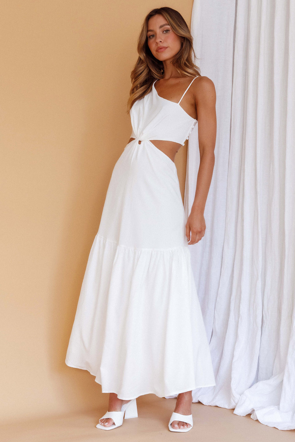 Evening Breeze Cut-Out Waist Maxi Dress White by Selfie Leslie