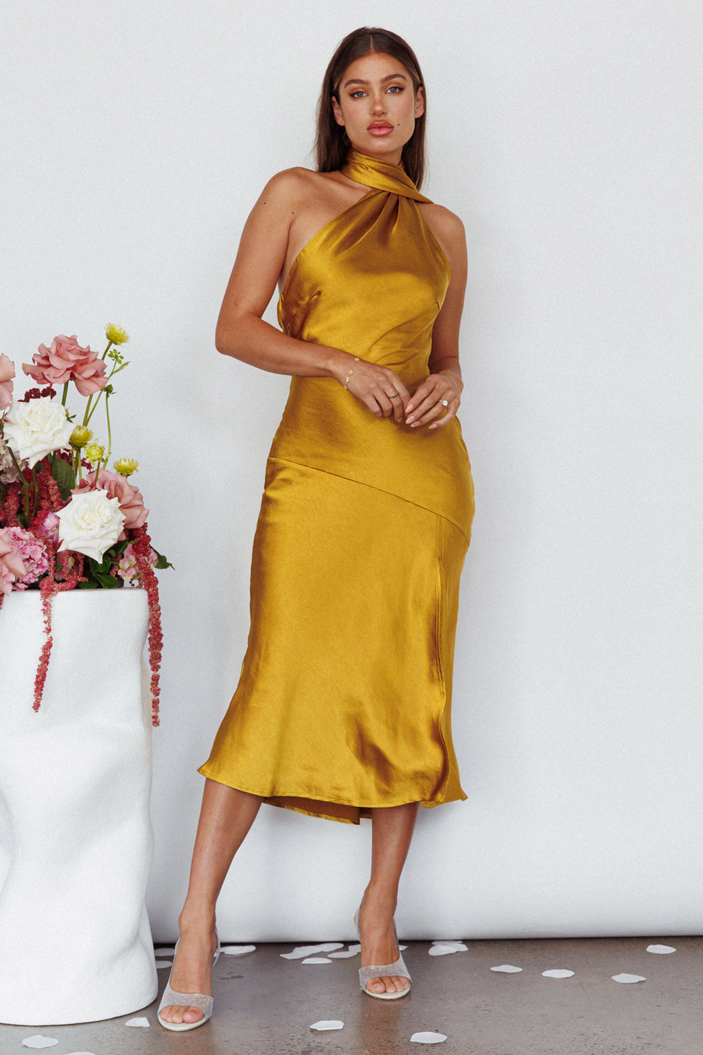 Italian Summer Tie Neck Midi Dress Mustard by Selfie Leslie