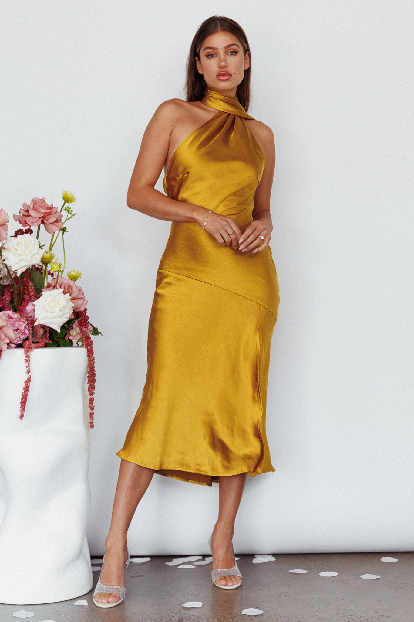 Italian Summer Tie Neck Midi Dress Mustard by Selfie Leslie
