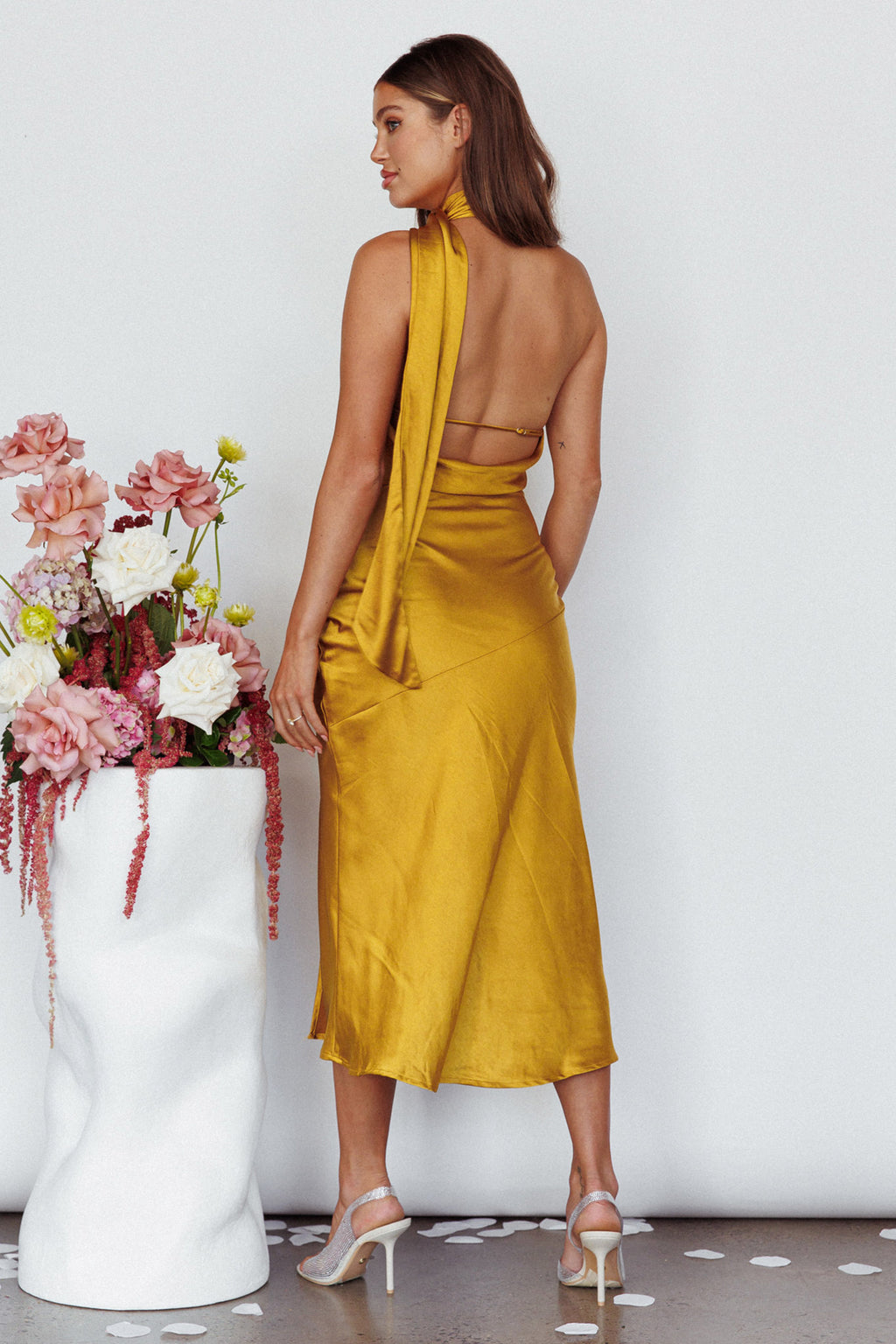 Italian Summer Tie Neck Midi Dress Mustard by Selfie Leslie