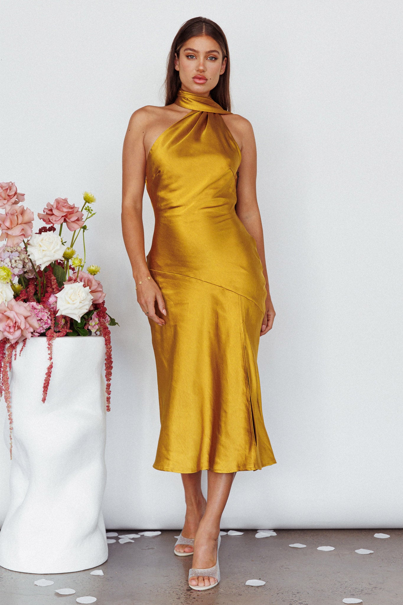 Italian Summer Tie Neck Midi Dress Mustard by Selfie Leslie