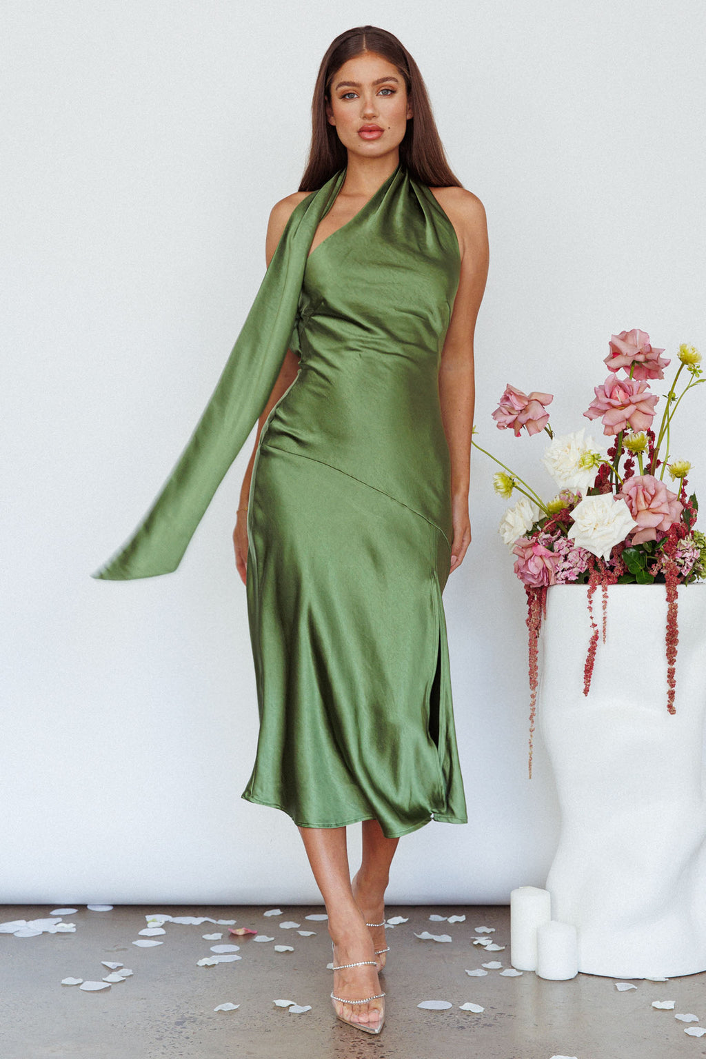 Italian Summer Tie Neck Midi Dress Olive by Selfie Leslie